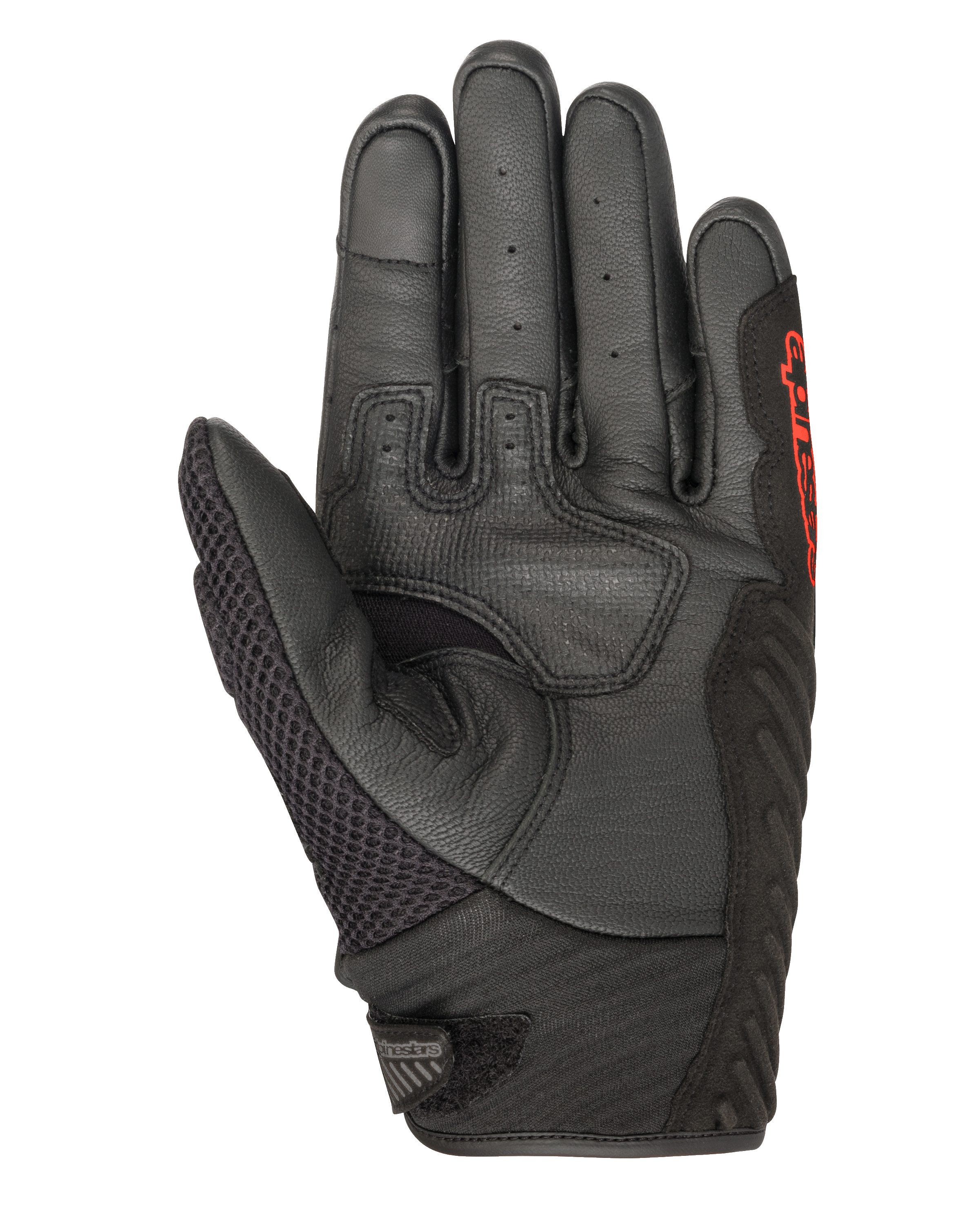 Alpinestars SMX-1 Air V2 Gloves, Black and Red Fluo, Palm view showing perforated leather, mesh thumb panel, reinforced grip zones, and red branding, designed for summer motorcycle road riding