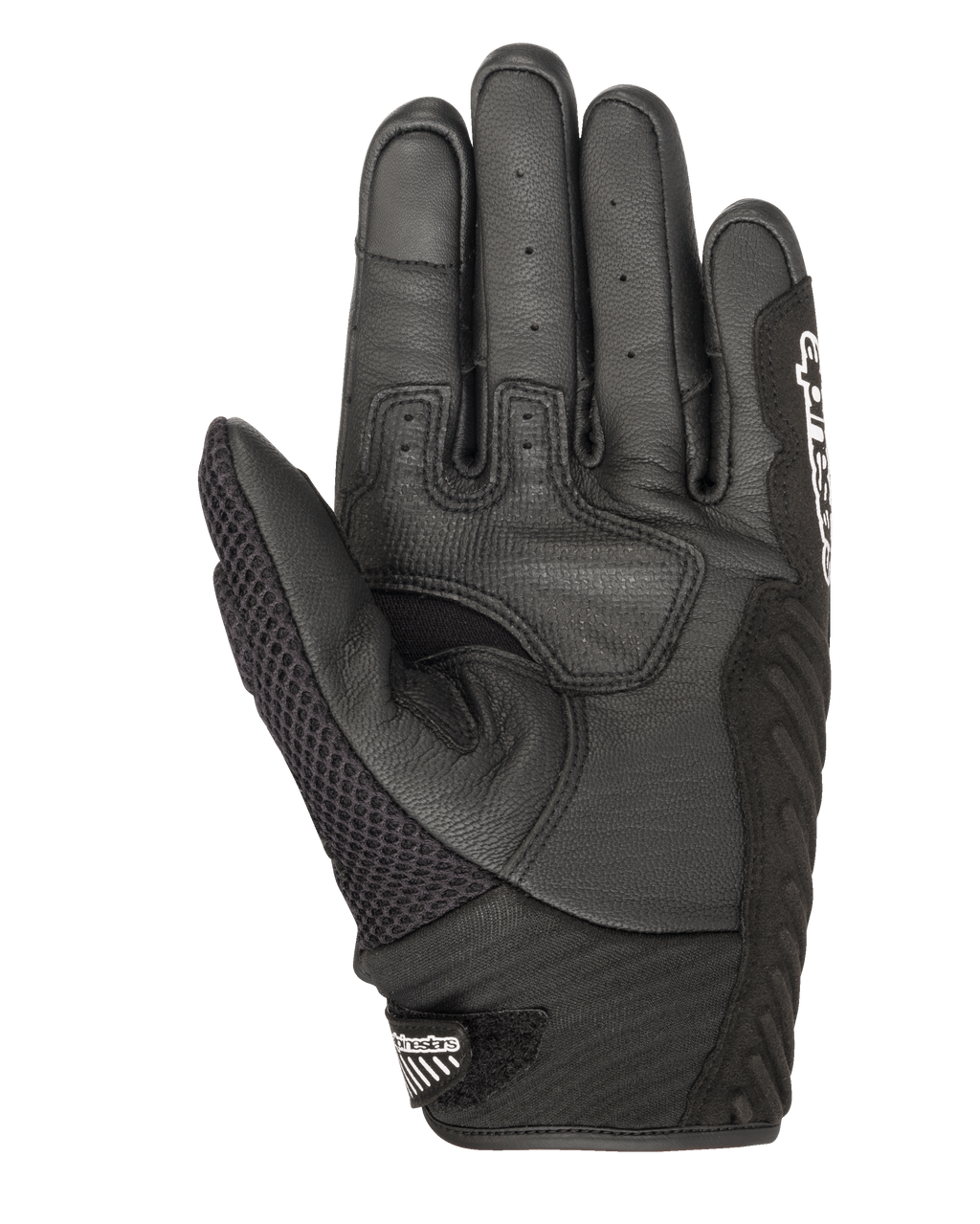 Alpinestars SMX-1 Air V2 Gloves, Motorcycle Gloves, Black, palm view showing perforated leather and air-mesh construction, reinforced grip zones, short cuff with Alpinestars logo on the closure