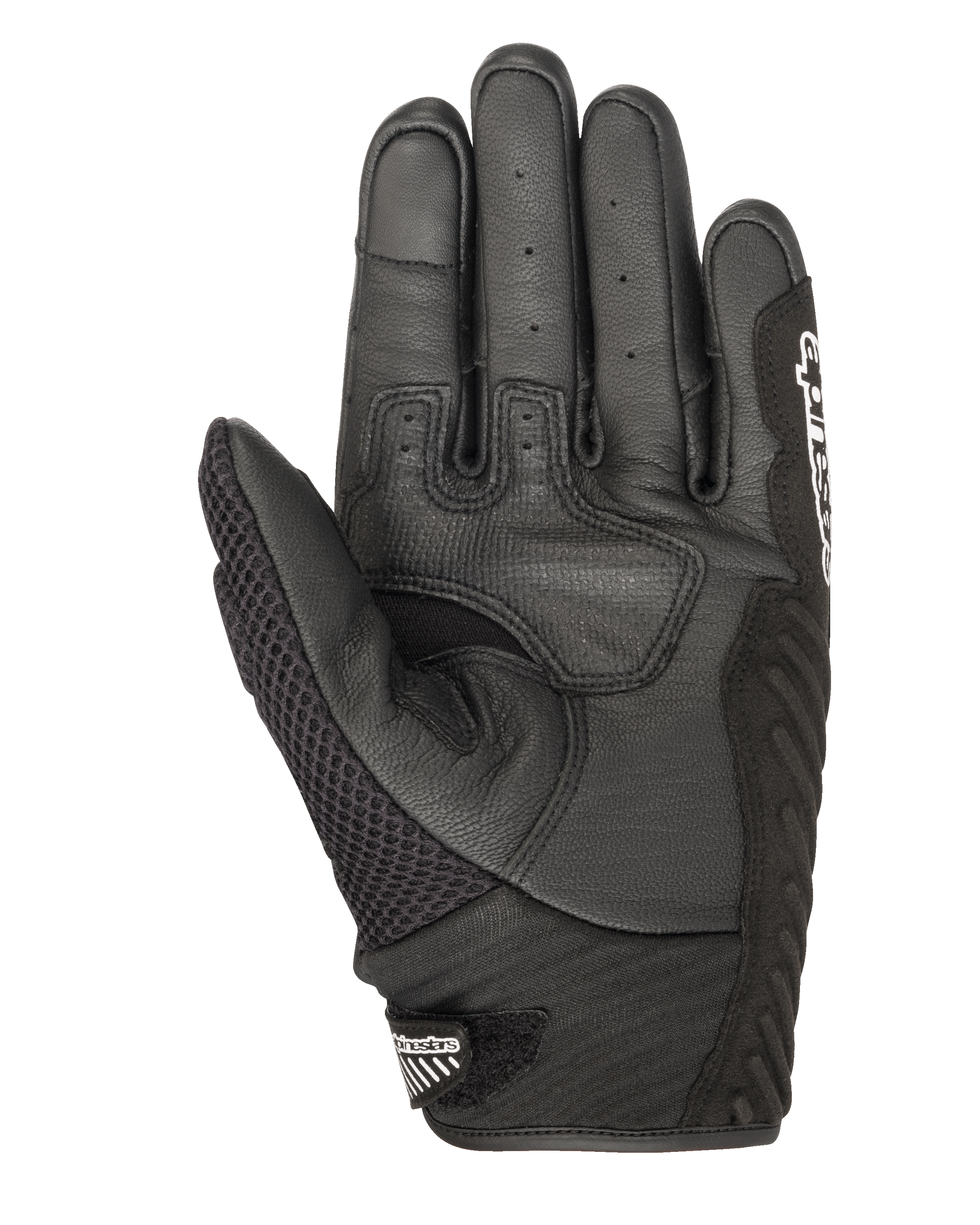 Alpinestars SMX-1 Air V2 Gloves, Motorcycle Gloves, Black, palm view showing perforated leather and air-mesh construction, reinforced grip zones, short cuff with Alpinestars logo on the closure