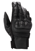 Alpinestars Phenom Leather Air Gloves, Black motorcycle gloves, perforated goat leather construction, integrated hard knuckle protection, accordion stretch inserts on fingers, and short cuff closure