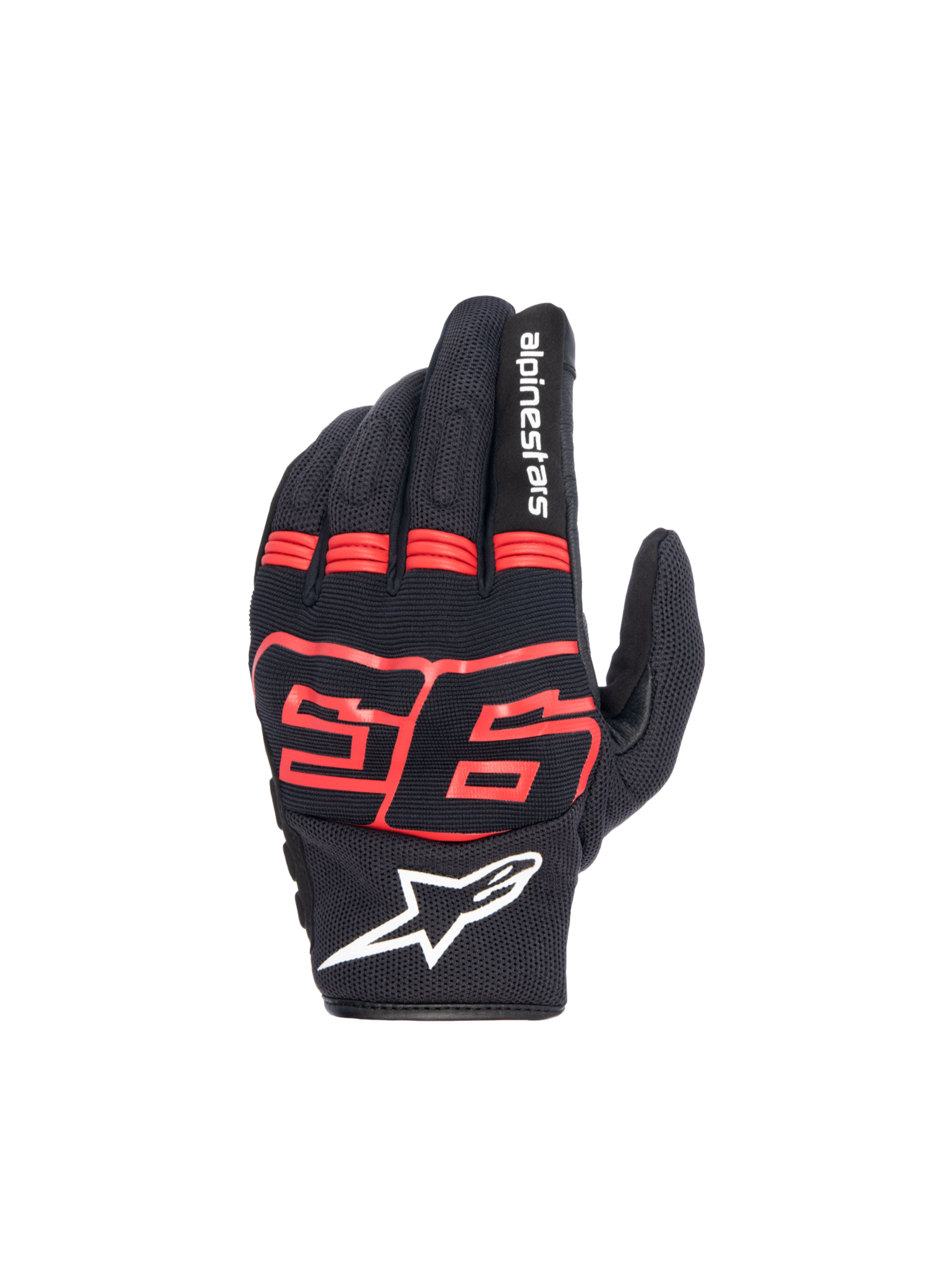 Alpinestars MM93 Losail V2 Gloves, Urban Motorcycle Gloves, Black and Red Fluo, textile with hard knuckle protection and Marc Marquez 93 logo.