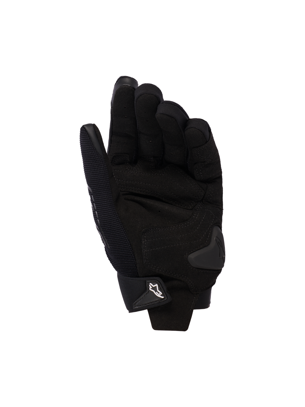 Alpinestars Stella SP X 3 Women's Motorcycle Gloves, Black, palm view featuring synthetic leather reinforcements, TPU palm slider, and adjustable wrist closure with white logo.