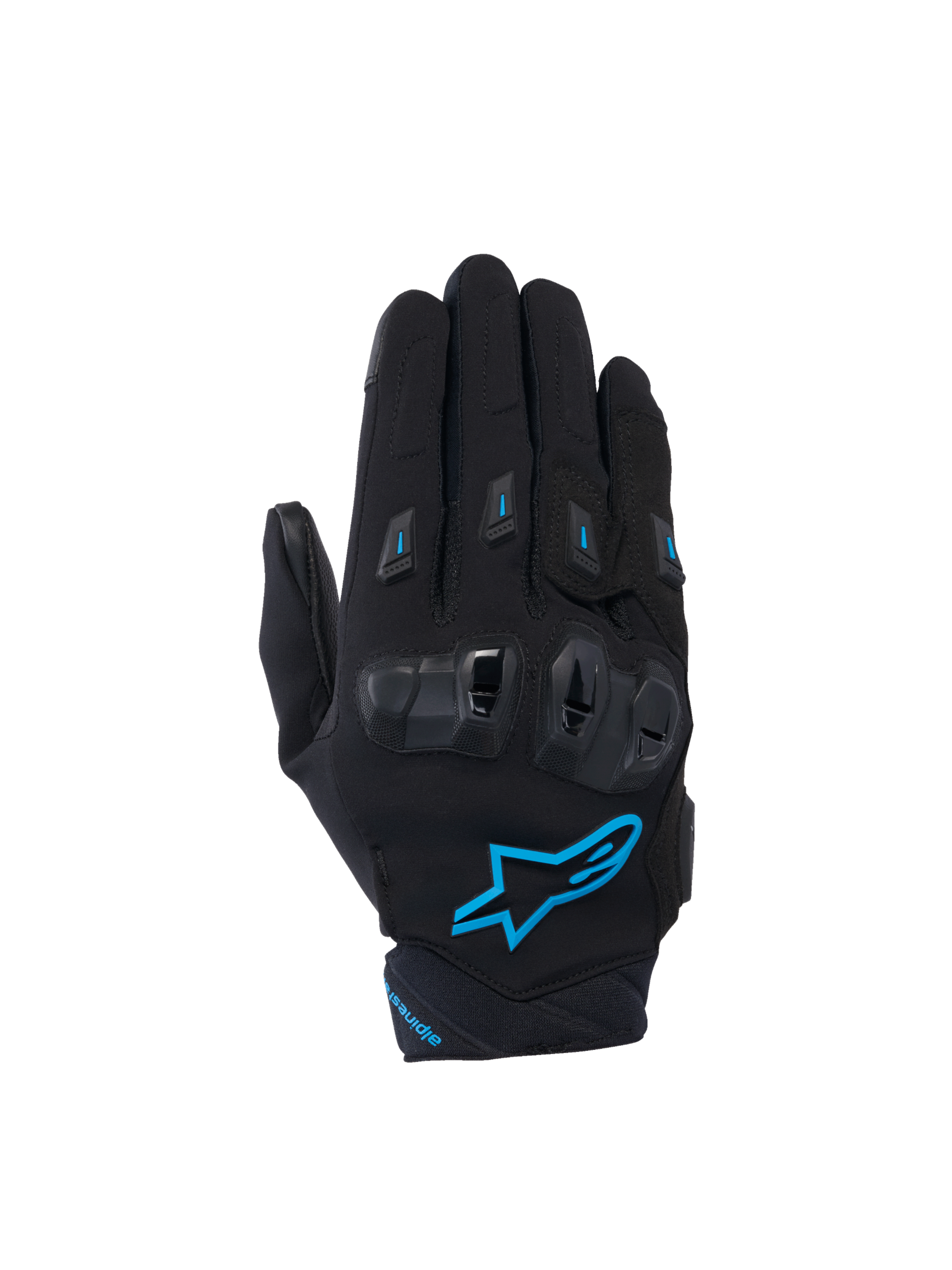 Alpinestars Stella SP X 3 Women's Motorcycle Gloves, Black and Blithe Blue, featuring TPU knuckle protection and 3D mesh.