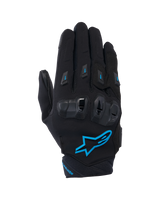 Alpinestars Stella SP X 3 Women's Motorcycle Gloves, Black and Blithe Blue, featuring TPU double-density knuckle protectors, a prominent blue star logo, and breathable mesh and textile construction for sport riding.