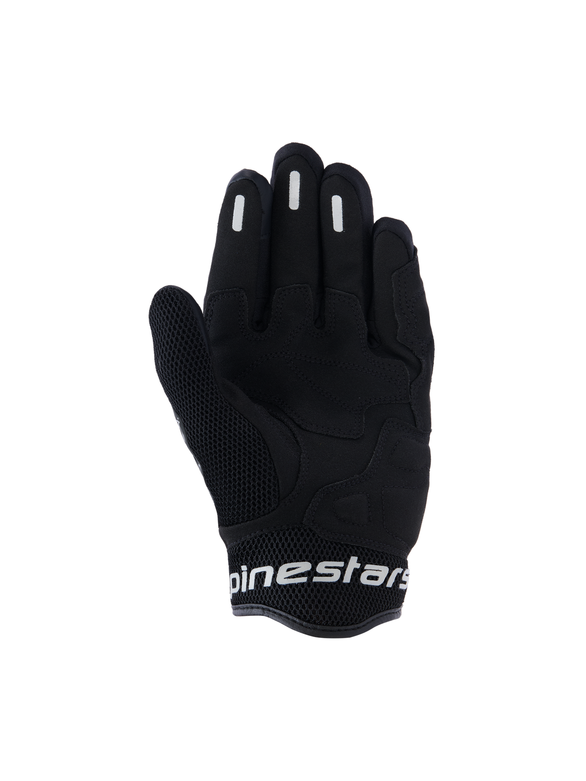 Alpinestars Stella Mogress Airflow Gloves, Women's Urban Motorcycle Gloves, Black, palm view featuring synthetic palm reinforcement, breathable 3D mesh on thumb and cuff, and white Alpinestars branding on the short cuff.