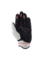 Alpinestars Woman Stella Mogress Airflow Gloves, Motorcycle Gloves, Black Ecru Fading Coral, palm side view showing white 3D mesh on thumb and cuff, coral silicone grip strips on fingers, and pink stitching accents