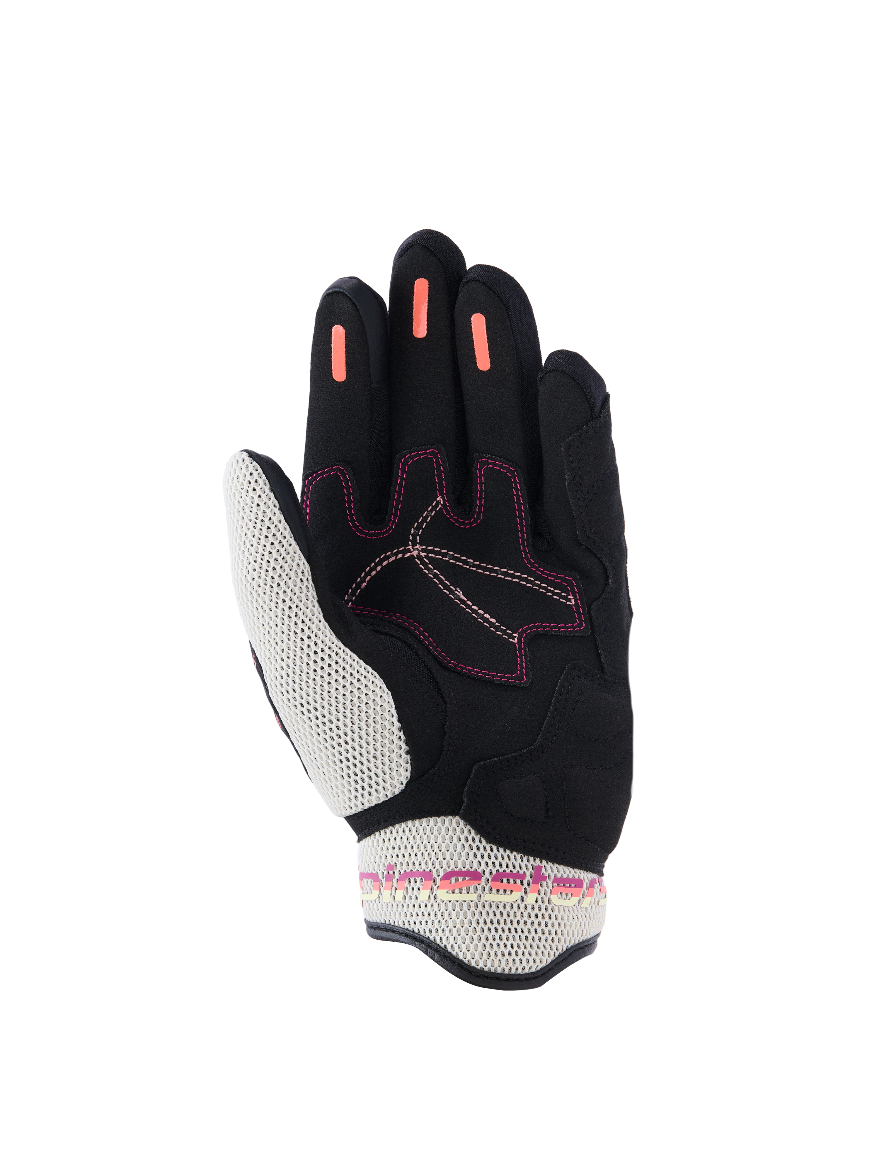 Alpinestars Woman Stella Mogress Airflow Gloves, Motorcycle Gloves, Black Ecru Fading Coral, palm side view showing white 3D mesh on thumb and cuff, coral silicone grip strips on fingers, and pink stitching accents