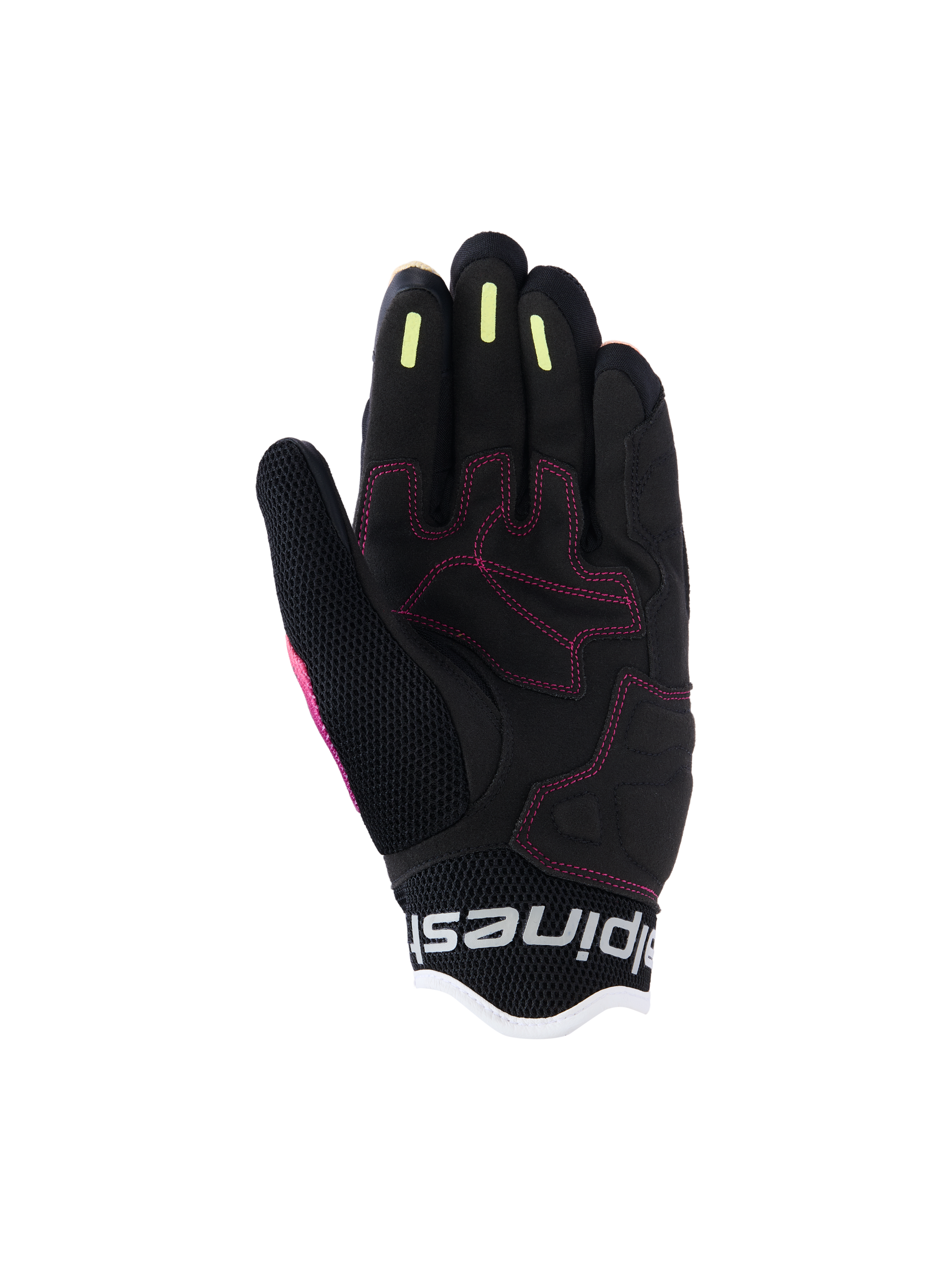 Alpinestars Woman Stella Mogress Airflow Gloves, Urban Motorcycle Gloves, Fading Coral Black, detailed palm view featuring pink stitching, yellow silicone grip stripes on fingers, and breathable mesh construction.