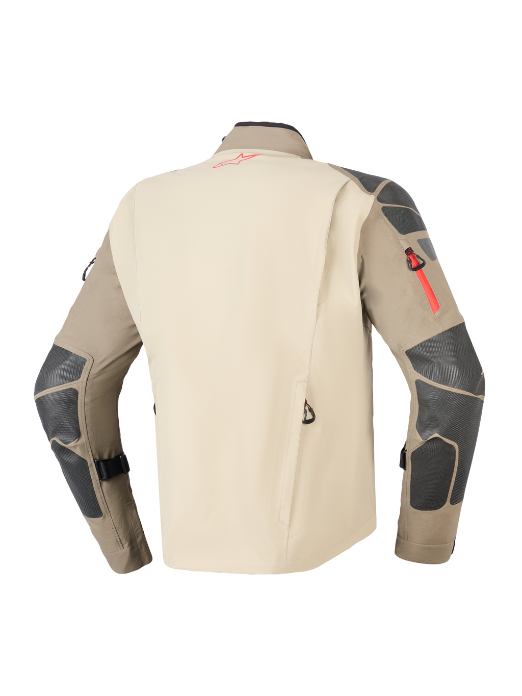 Alpinestars Nazca 3L GORE-TEX PRO Jacket, Walnut Rock Brown, Rear view showing tan back panel and brown sleeves with dark grey reinforcements on shoulders and elbows, red zipper and logo accents, durable adventure motorcycle touring gear