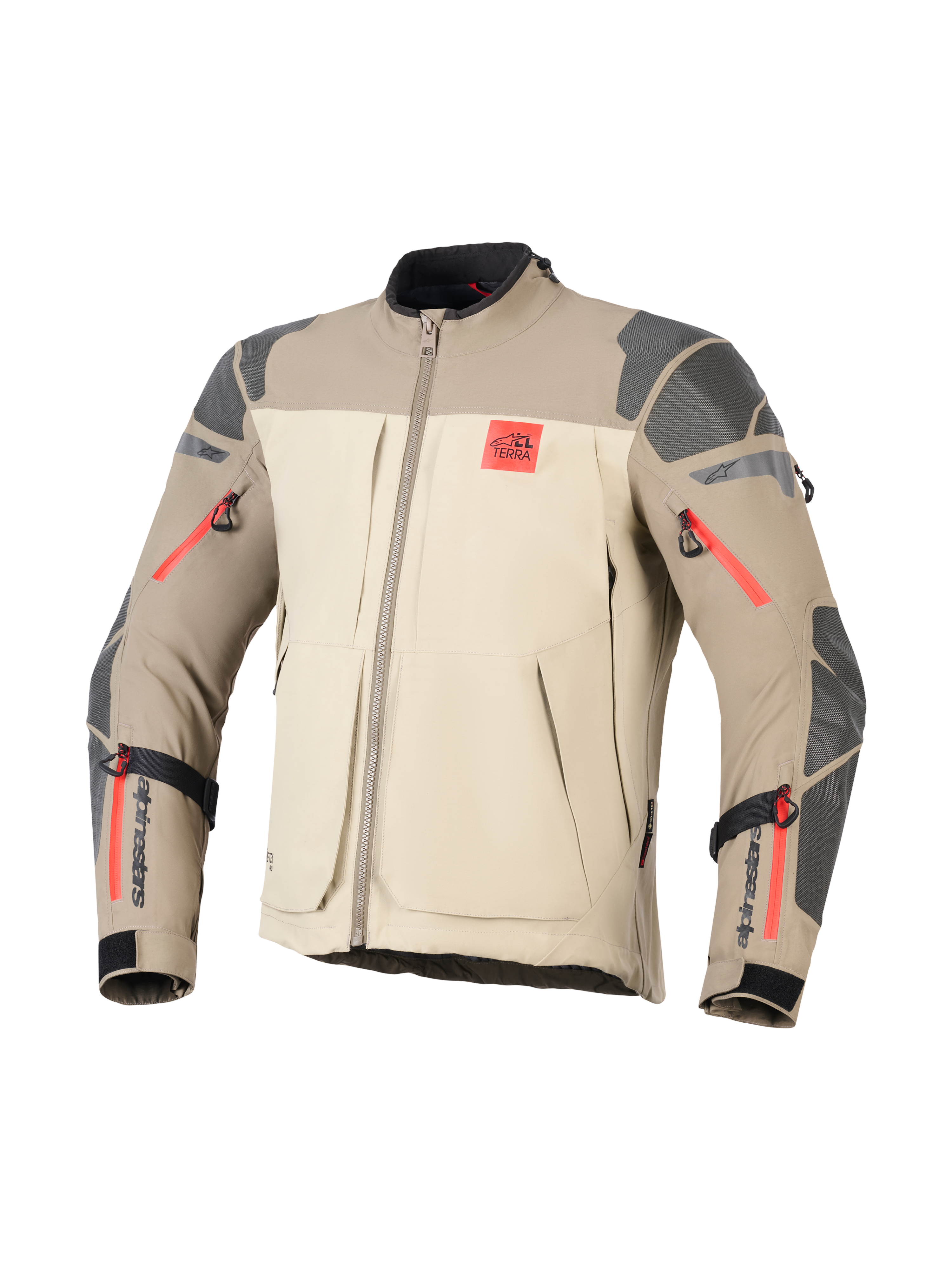Alpinestars Nazca 3L GORE-TEX PRO Jacket, Walnut Rock Brown, Adventure Motorcycle Jacket, beige and light brown color blocking, grey textured reinforcements on shoulders and elbows, bright red zipper highlights, red 'ALL TERRA' logo on chest, black Alpinestars branding on forearms, durable textile construction