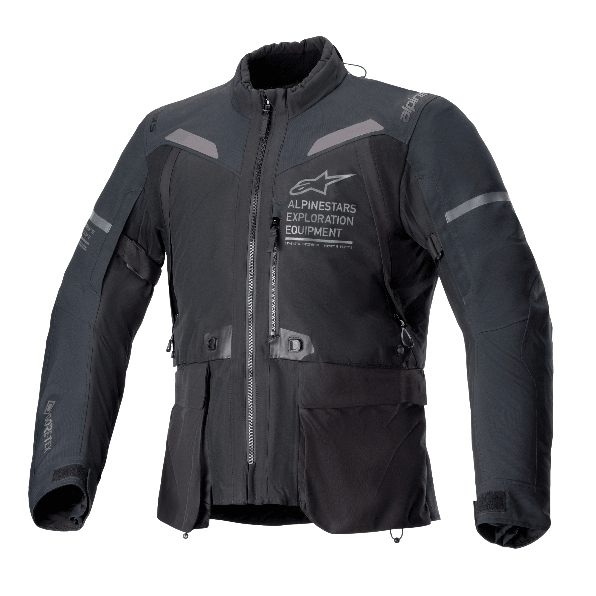 Alpinestars ST-7 2L GORE-TEX Jacket, Black and Dark Gray motorcycle jacket, front view featuring large cargo pockets, reflective shoulder accents, and Alpinestars Exploration Equipment logo on the chest, waterproof adventure touring gear
