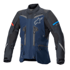 Alpinestars Boulder GORE-TEX Jacket, Dark Blue and Black Adventure Touring Jacket, waterproof textile construction, white star logo on chest, red and light blue sleeve accents, multiple ventilation zippers and adjustment straps, durable technical gear for all-weather riding