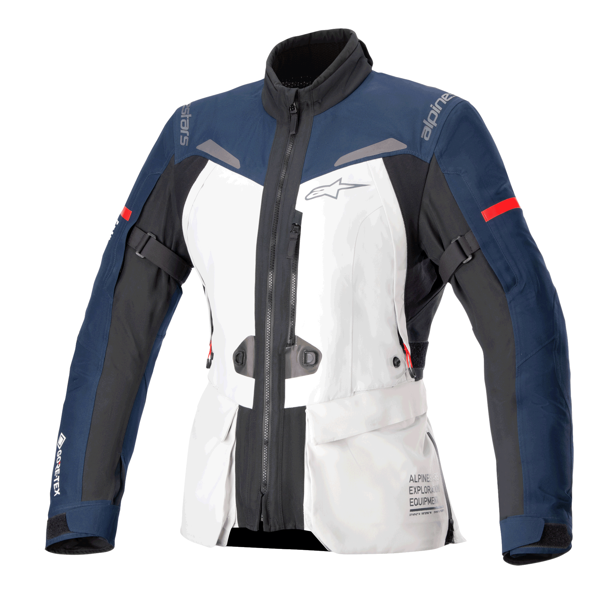 Alpinestars Women Stella ST-7 2L GORE-TEX Jacket, Motorcycle Touring Jacket, Ice Gray Dark Blue and Black with Red Accents, features front cargo pockets, adjustable arm straps, high collar, and laminated waterproof construction for adventure touring
