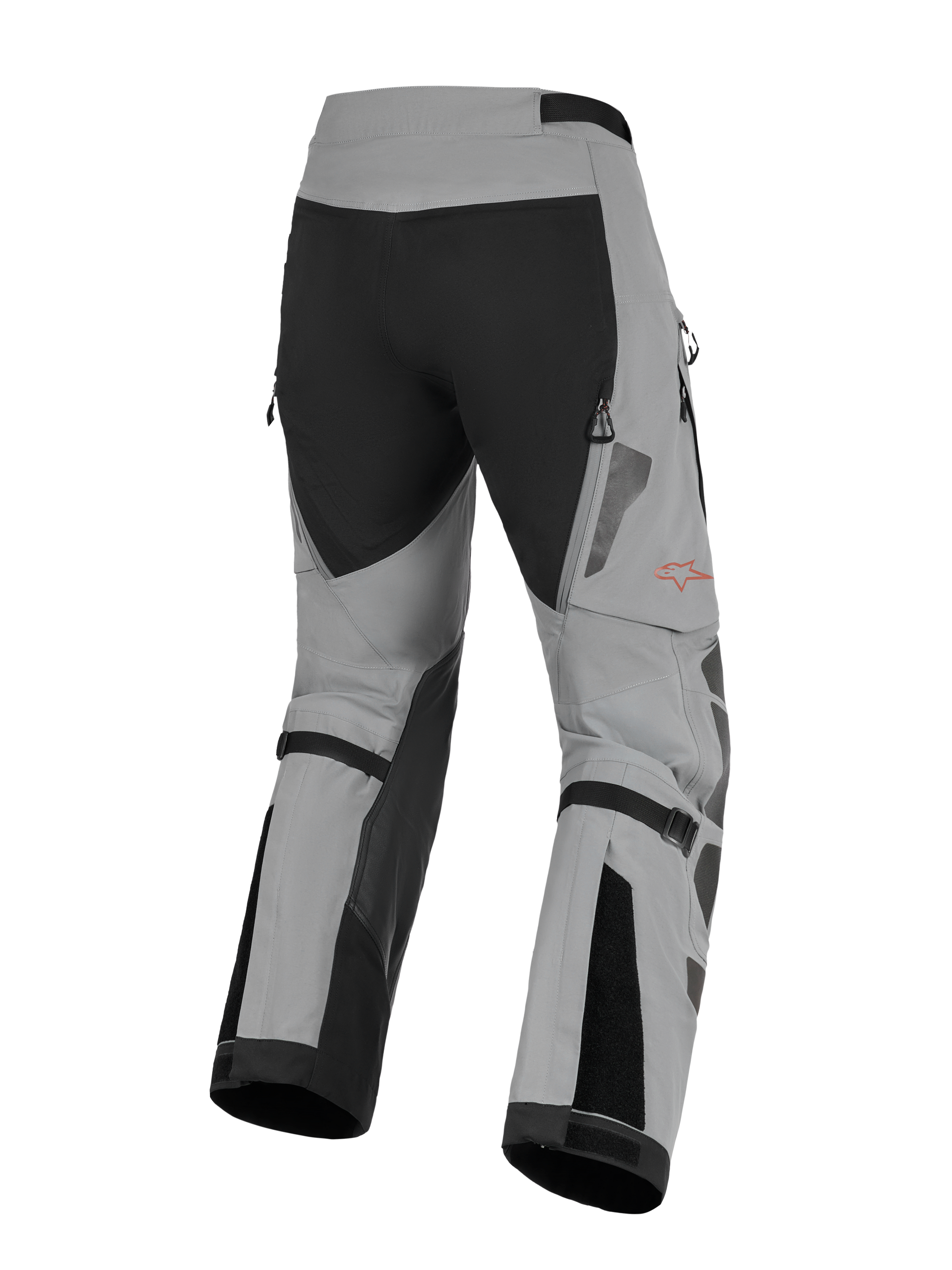 Alpinestars Nazca 3L GORE-TEX PRO Pants, Adventure Motorcycle Riding Pants, Dark Gray and Black, rear view showing calf volume adjusters and zippered exhaust vents, durable textile construction with a red Alpinestars logo on the leg