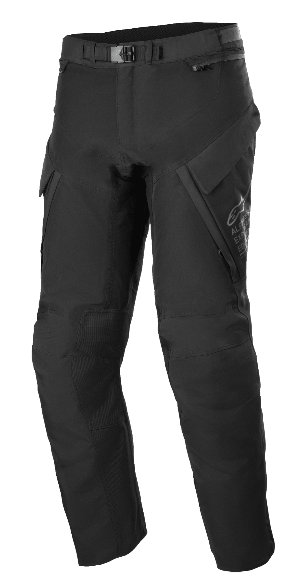 Alpinestars ST-7 2L GORE-TEX Pants, Adventure Touring Pants, Black and Dark Gray, featuring large cargo pockets, magnetic waist buckle closure, reinforced knee sections, and technical textile construction for all-weather protection