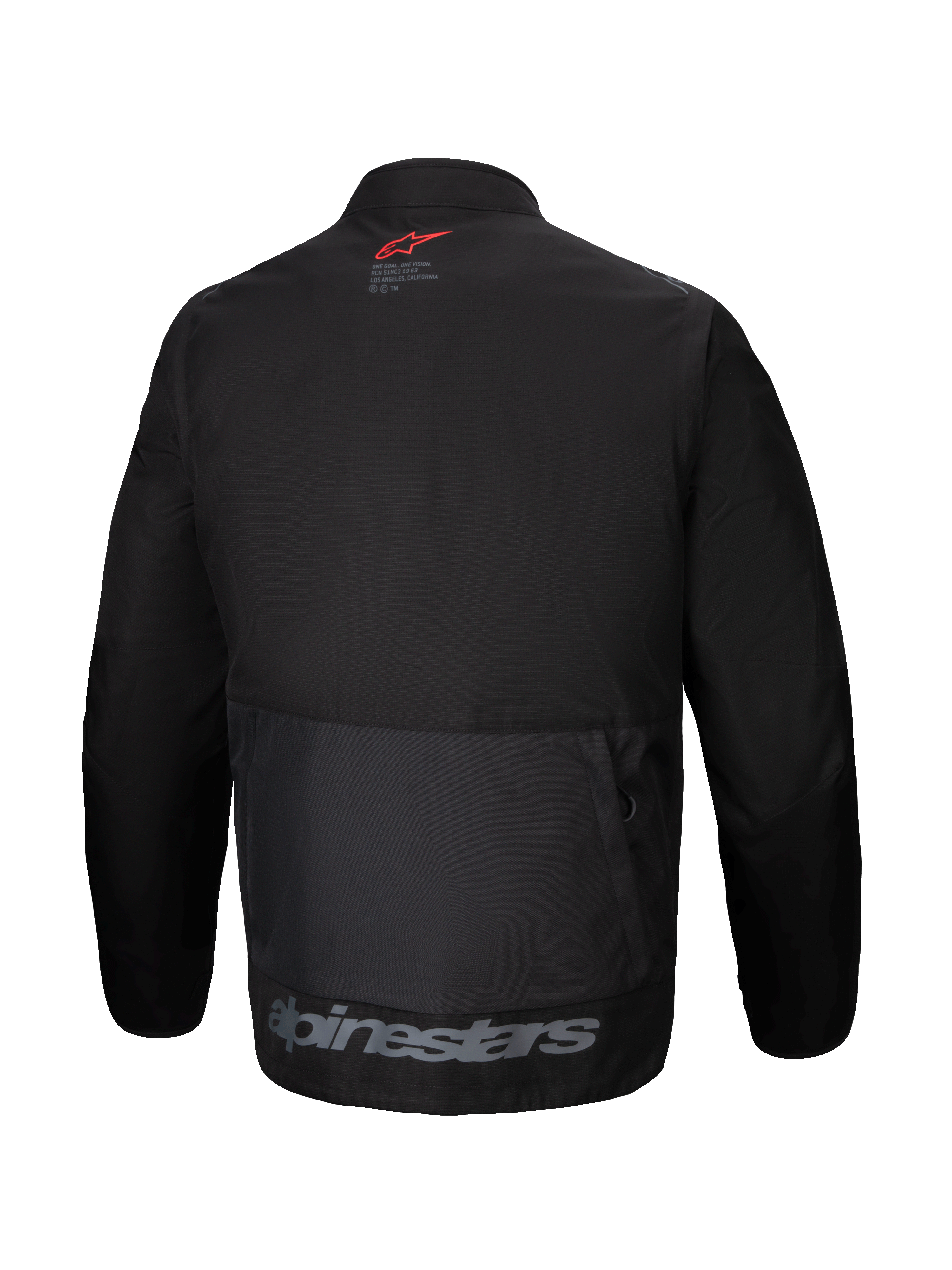 Alpinestars Pro-Dura Jacket, back view, black textile enduro jacket, large rear cargo pocket, red star logo on the neck, gray Alpinestars branding on the lower hem, rugged off-road design