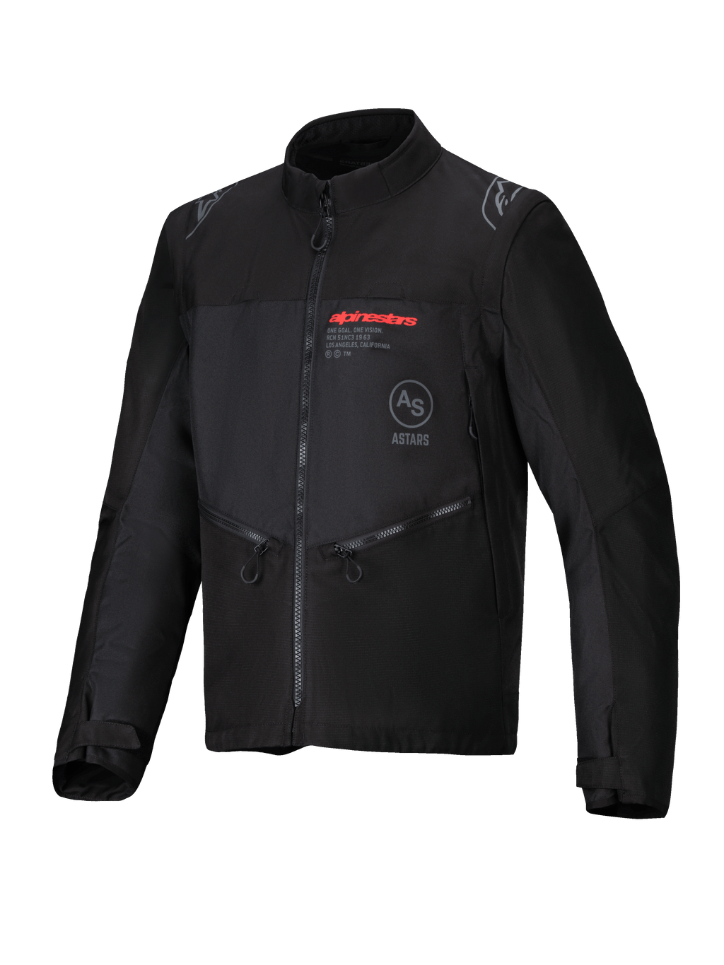 Alpinestars Pro-Dura Jacket, Black, off-road motorcycle jacket featuring durable ripstop textile, red Alpinestars logo on the chest, slanted zippered pockets, and star logo accents on the shoulders