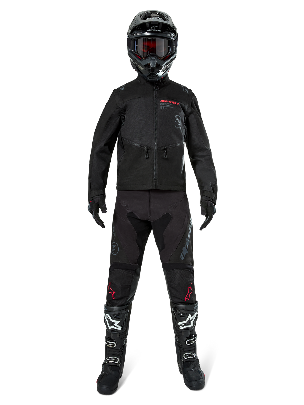 Alpinestars Pro-Dura Jacket, Black Off-Road Enduro Jacket, shown on a model with a complete gear set including a black helmet with red goggles, black pants with red accents, black and white boots, and black gloves, rally-inspired rugged design for trail riding