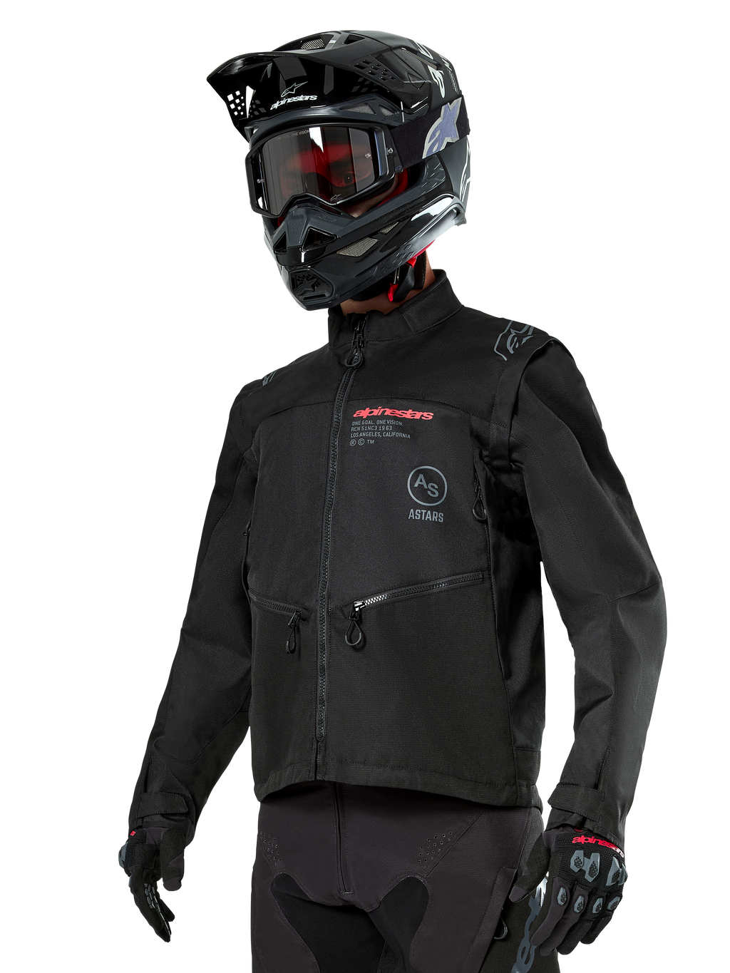 Alpinestars Pro-Dura Jacket, Off-Road Motorcycle Jacket, Black with red and grey branding, features zippered front pockets and high collar, worn with a black motocross helmet and gloves for enduro racing