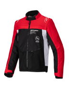 Alpinestars Pro-Dura Jacket, Off-Road Motorcycle Jacket, Black Bright Red and White, featuring a high collar, front zipper, and ripstop textile construction with red sleeves, white side panels, and Alpinestars branding on the chest.