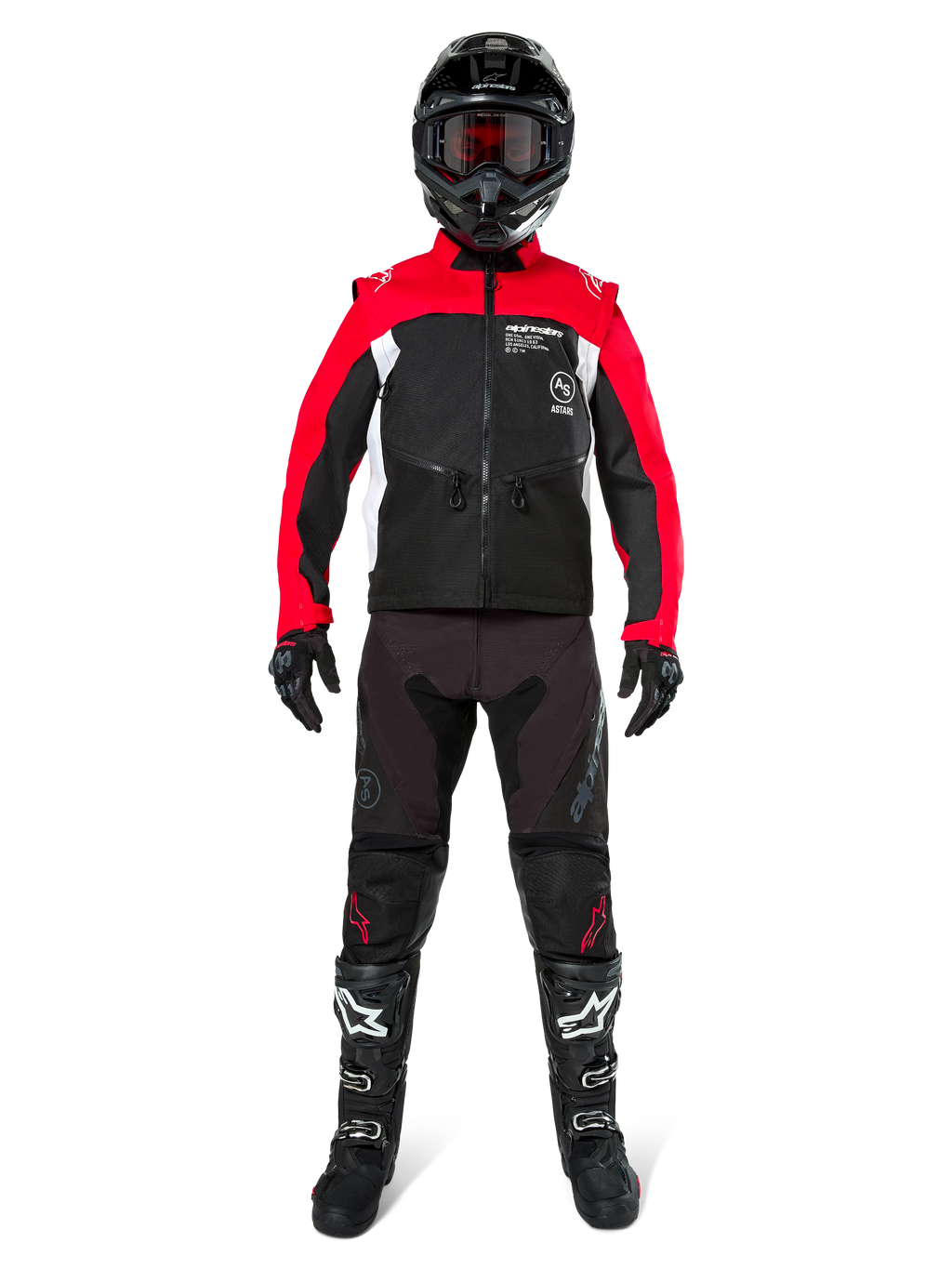 Motocross rider wearing complete off-road gear, Alpinestars Pro-Dura Jacket in Black, Bright Red, and White, black pants with red accents, black helmet with red goggles, black and white boots, coordinated outfit for enduro and trail riding