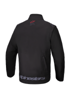 Alpinestars Lite-Dura Softshell Jacket, Black, Rear view, featuring a small red logo on the neck, large gray Alpinestars wordmark on the lower hem, and a vertical zippered rear storage pocket, technical off-road gear for enduro and motocross.