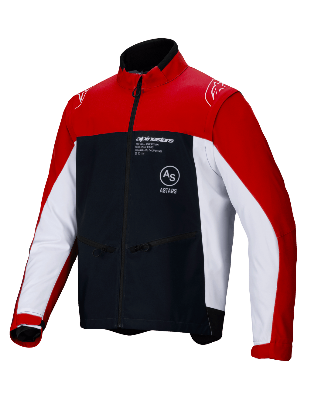 Alpinestars Lite-Dura Softshell Jacket, Off-Road Enduro Motorcycle Jacket, Black Bright Red and White, featuring a color-block design with red shoulders and outer sleeves, white side panels, and black chest with Alpinestars branding, zippered pockets, and high-collar design