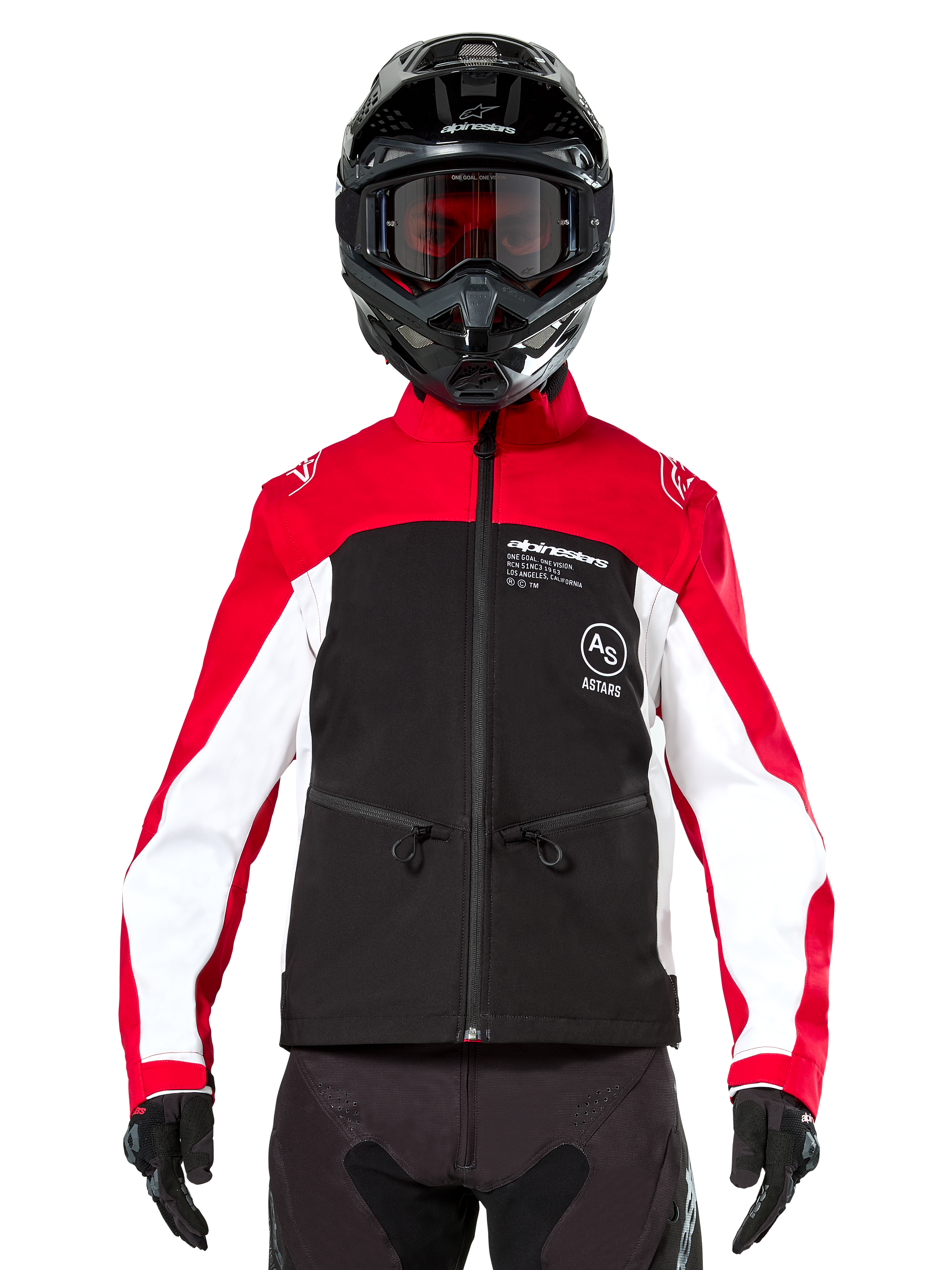 Alpinestars Lite-Dura Softshell Jacket in Black Bright Red and White, worn by a motocross rider with a black helmet and red-tinted goggles, featuring white panels on the sleeves, Alpinestars branding on the chest, and a sporty off-road design.