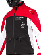 Alpinestars Lite-Dura Softshell Jacket, Off-road Enduro Jacket, Black Bright Red and White, featuring red shoulders and collar, black chest with white Alpinestars and ASTARS logos, white sleeves, zippered front pockets, worn by a rider with a black helmet.