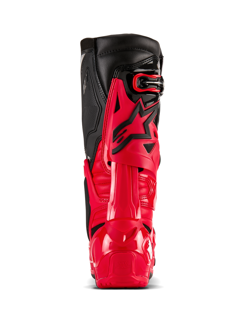 Alpinestars Tech 10 Enduro Boots, Bright Red and Black, rear view showcasing the Dynamic Heel Compression Protector and flexion frame, professional off-road motocross gear with a durable TPU shell and black leather upper panels