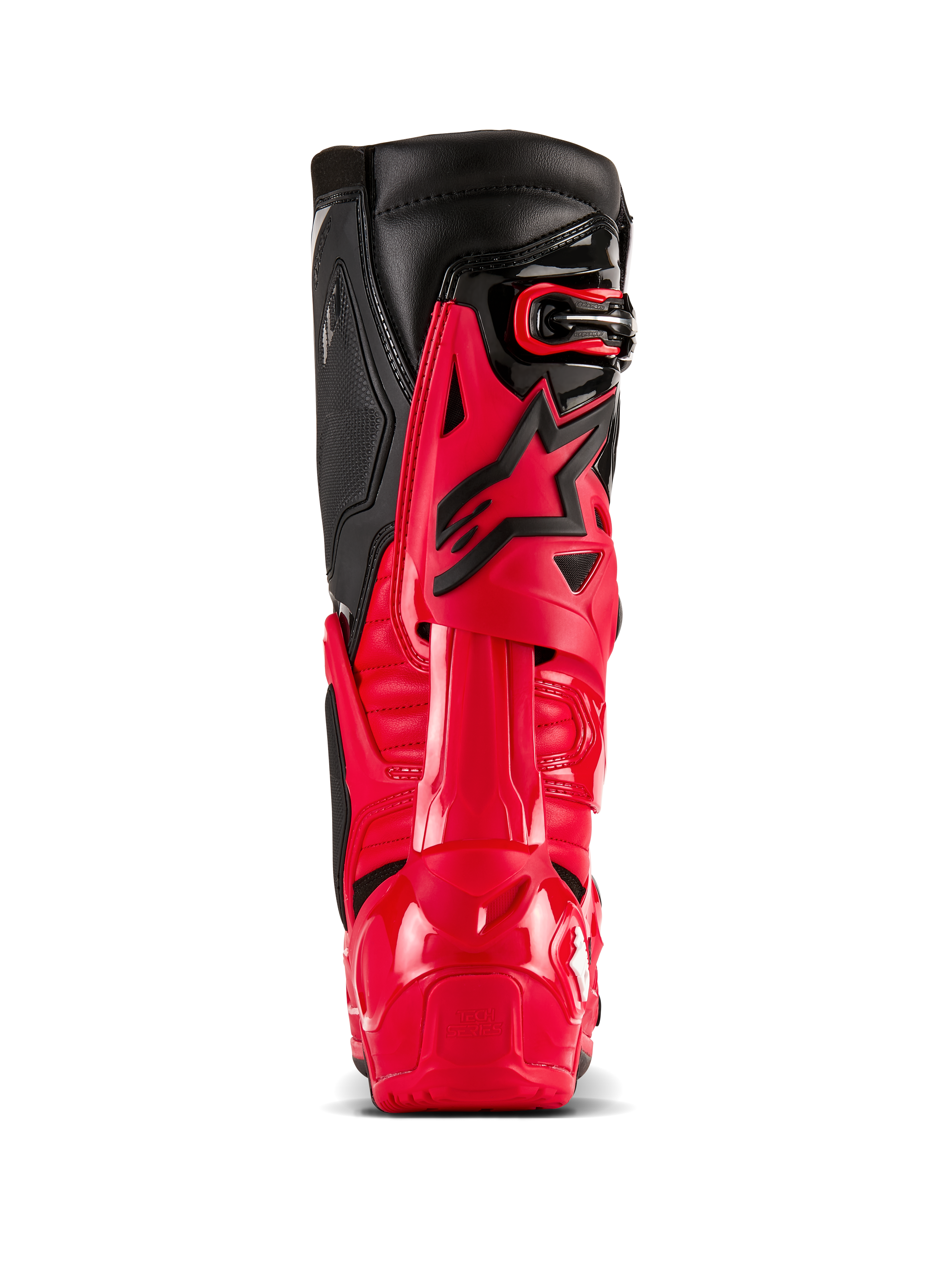 Alpinestars Tech 10 Enduro Boots, Bright Red and Black, rear view showcasing the Dynamic Heel Compression Protector and flexion frame, professional off-road motocross gear with a durable TPU shell and black leather upper panels