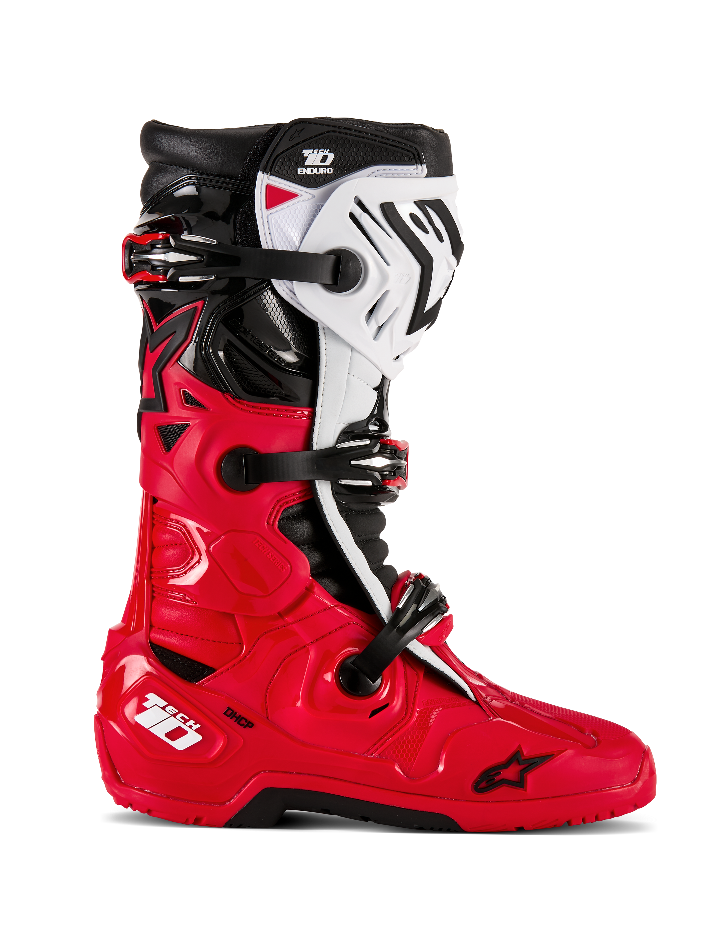 Alpinestars Tech 10 Enduro Boots, Motocross Off-Road Boots, Bright Red Black and White, side profile view, triple buckle closure system, robust protective panels, specialized enduro grip sole, Astars logo branding
