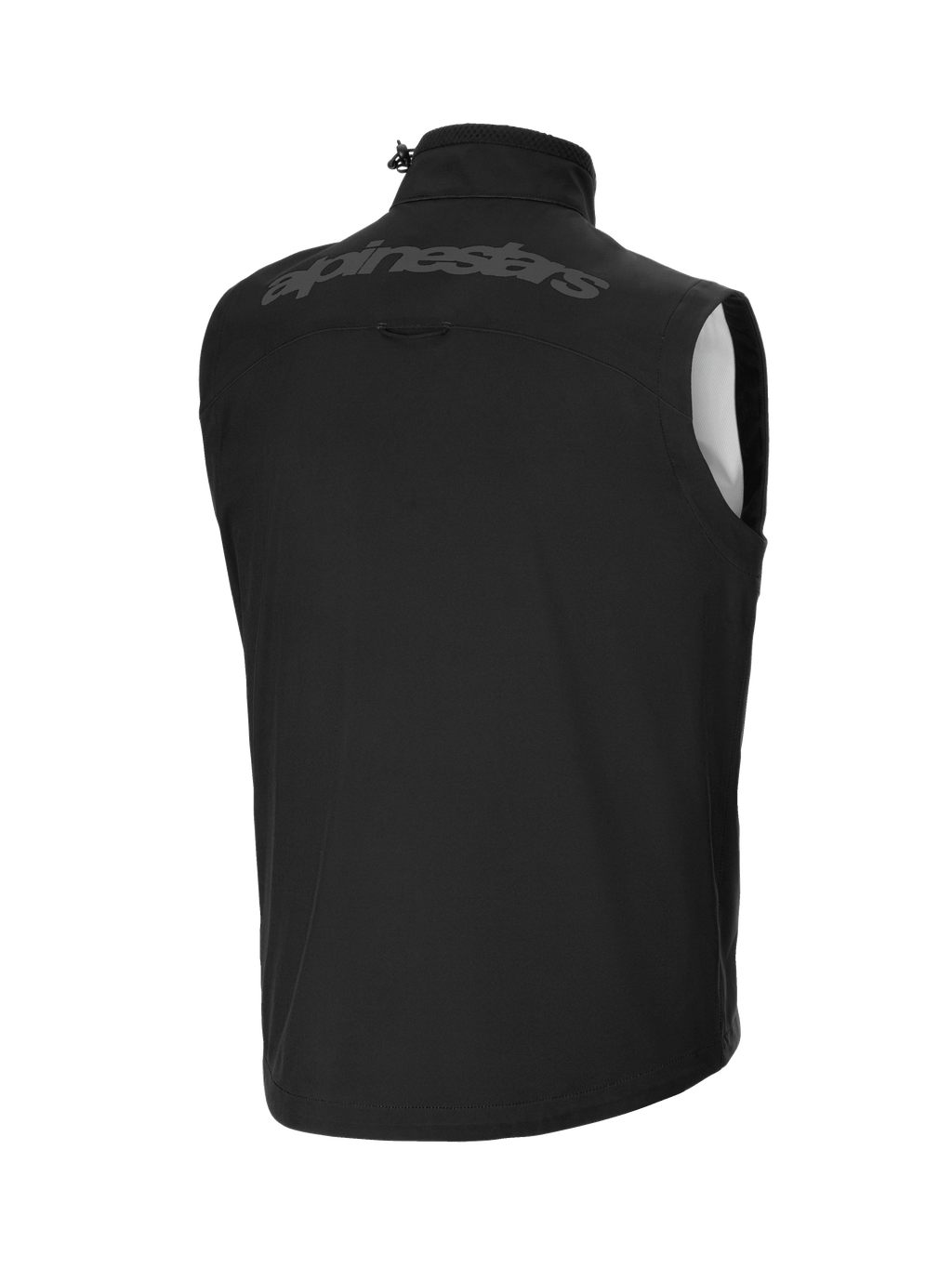 Alpinestars Techstar Softshell Vest, Black, Rear view featuring a large tonal alpinestars wordmark across the upper back, windproof lightweight softshell material, high collar with adjustable toggle, ergonomic sleeveless design for off-road gear layering.