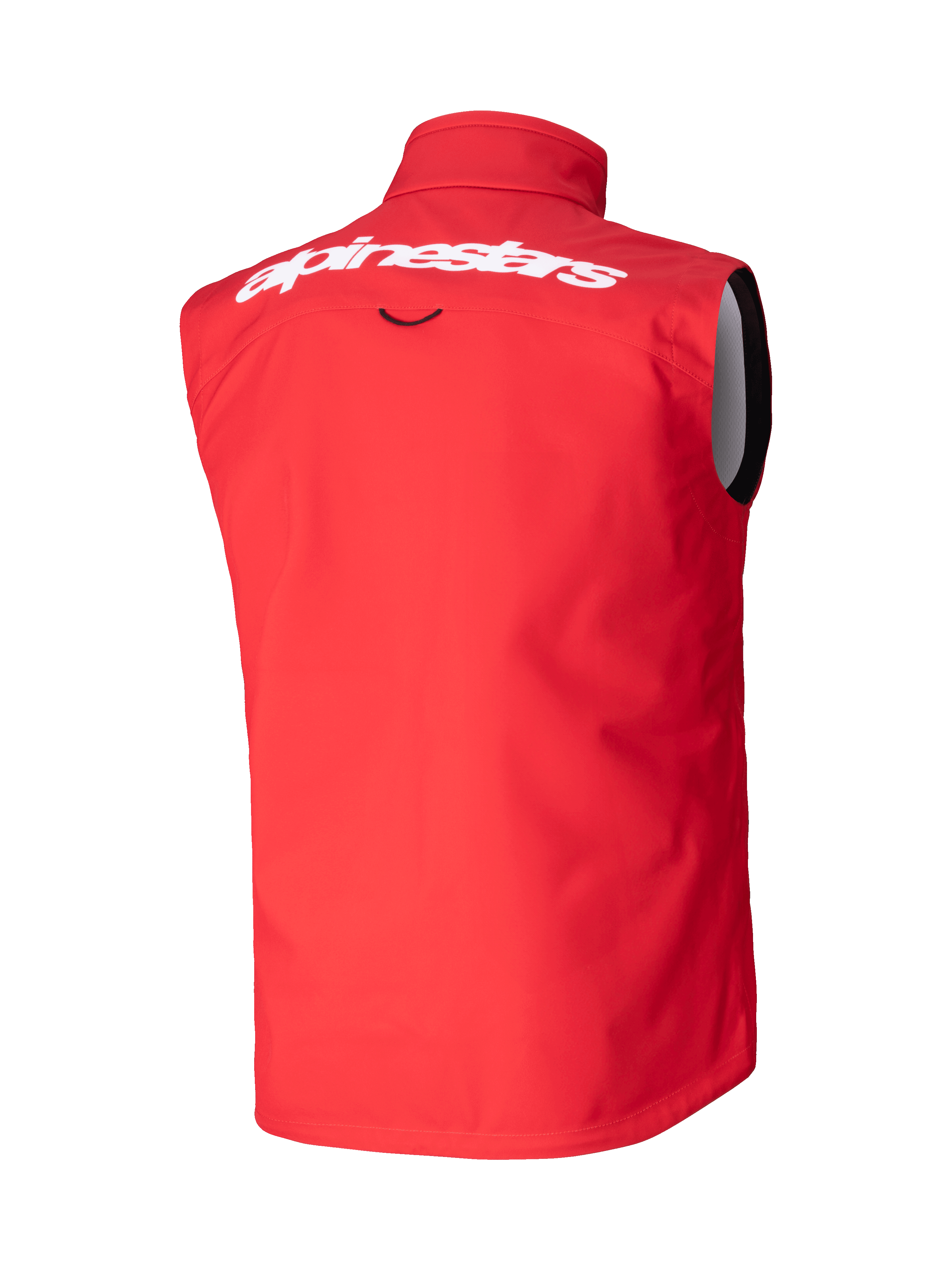 Alpinestars Techstar Softshell Vest, Motocross Vest, Bright Red, Rear view featuring white Alpinestars wordmark on the upper back, windproof stretch softshell material, ergonomic sleeveless design for off-road riding