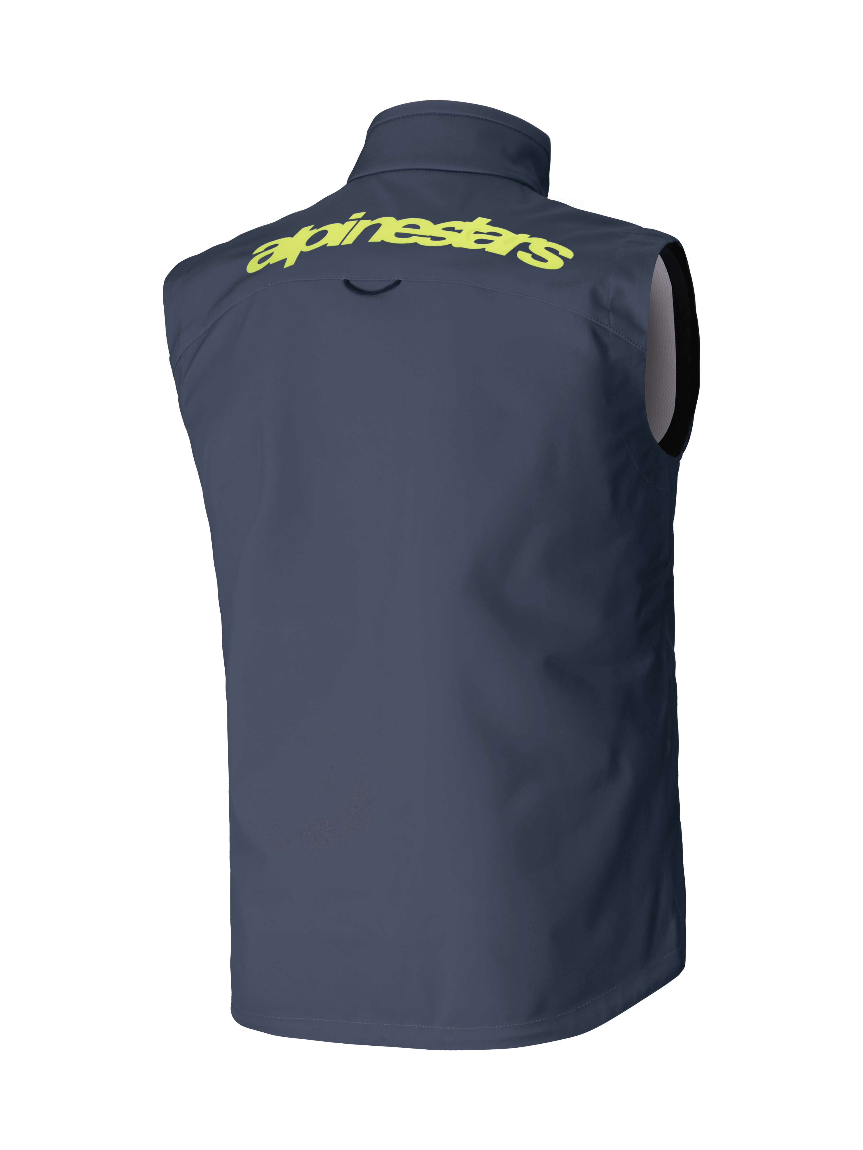 Alpinestars Techstar Softshell Vest, Dark Gray, Back View, featuring bold yellow Alpinestars wordmark on the shoulders, sleeveless windproof design, motocross and off-road performance gear