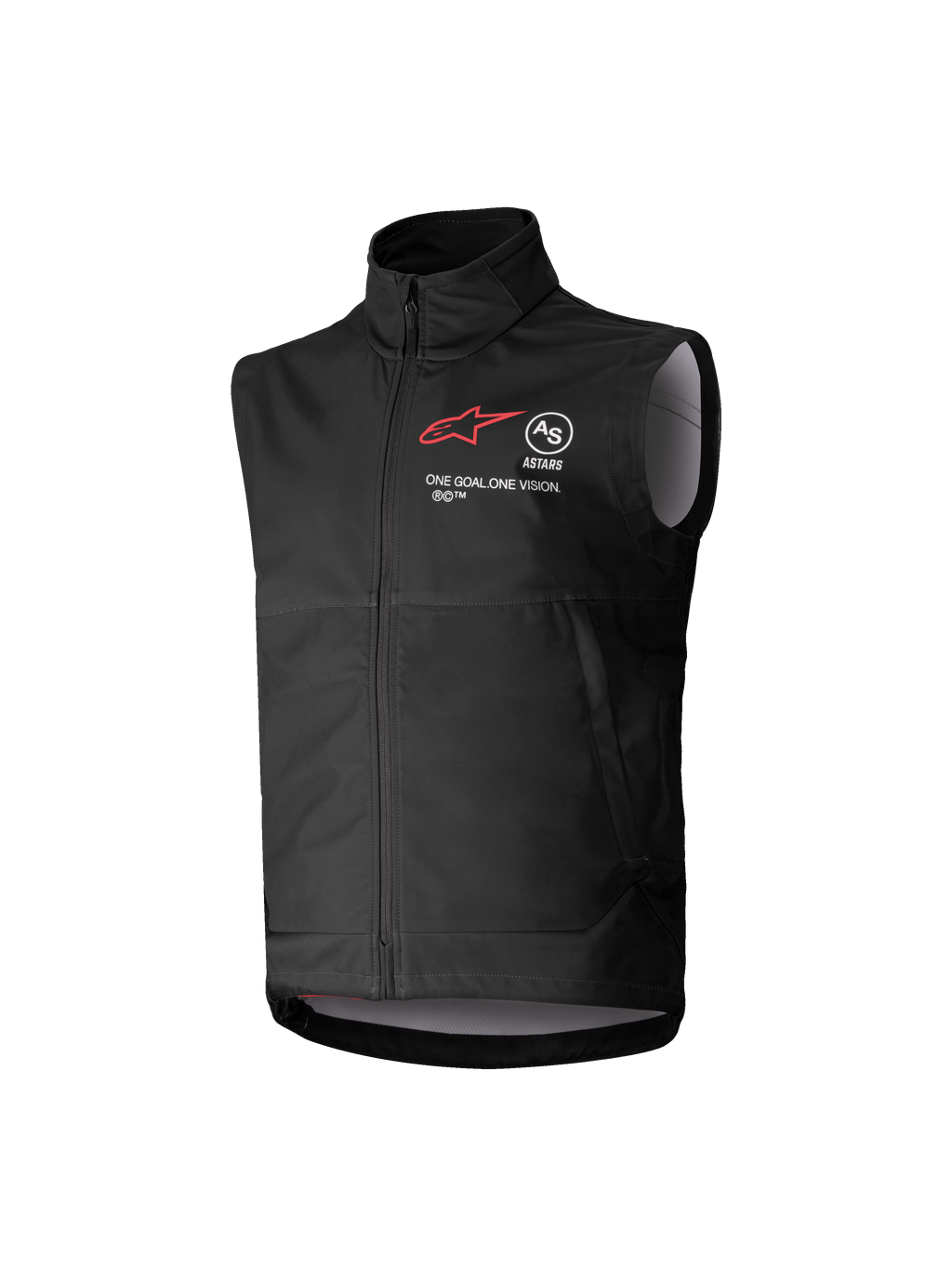 Alpinestars Youth Techstar Softshell Vest, Black, Sleeveless Motocross Vest with Red Star Logo, High Collar, Front Zipper, "ONE GOAL. ONE VISION." Branding, Light Gray Interior Lining, Youth Motorsports Apparel