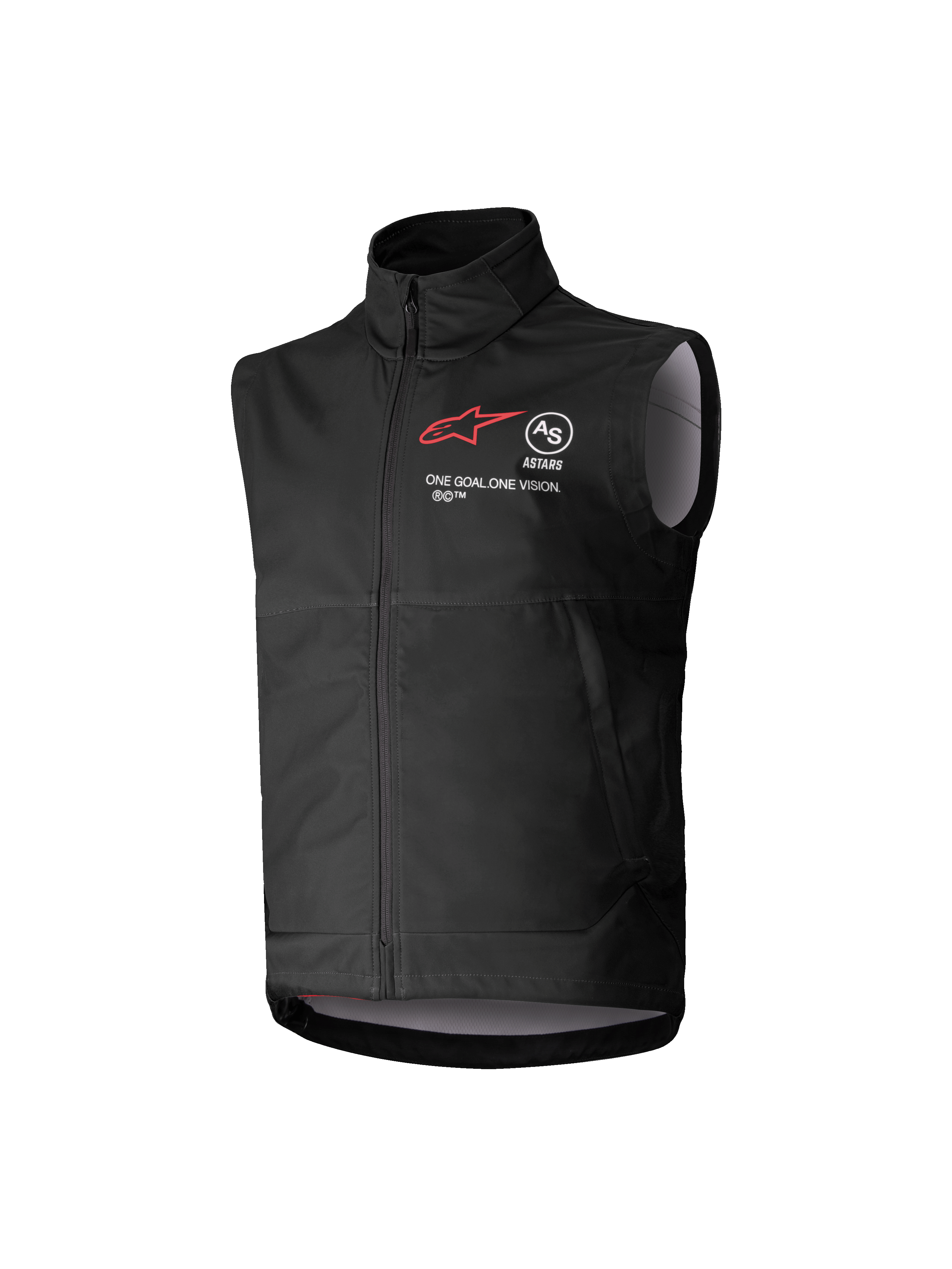 Alpinestars Youth Techstar Softshell Vest, Black, Sleeveless Motocross Vest with Red Star Logo, High Collar, Front Zipper, "ONE GOAL. ONE VISION." Branding, Light Gray Interior Lining, Youth Motorsports Apparel