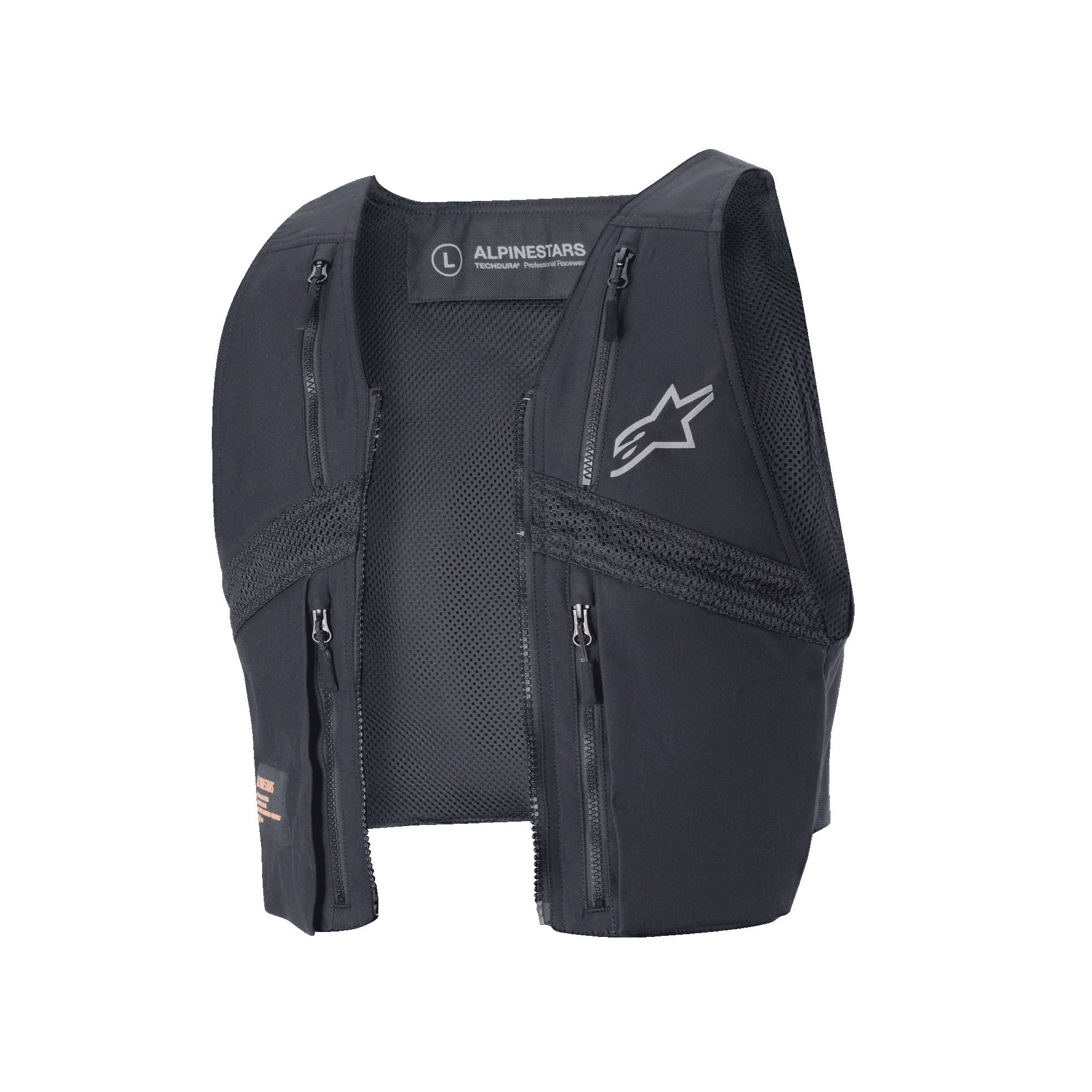 Alpinestars Techdura Tactical Vest, black detachable vest component for the Techdura Jacket, featuring four front zippered pockets, breathable mesh panels, and silver Alpinestars logo, modular gear for enduro and off-road riding.