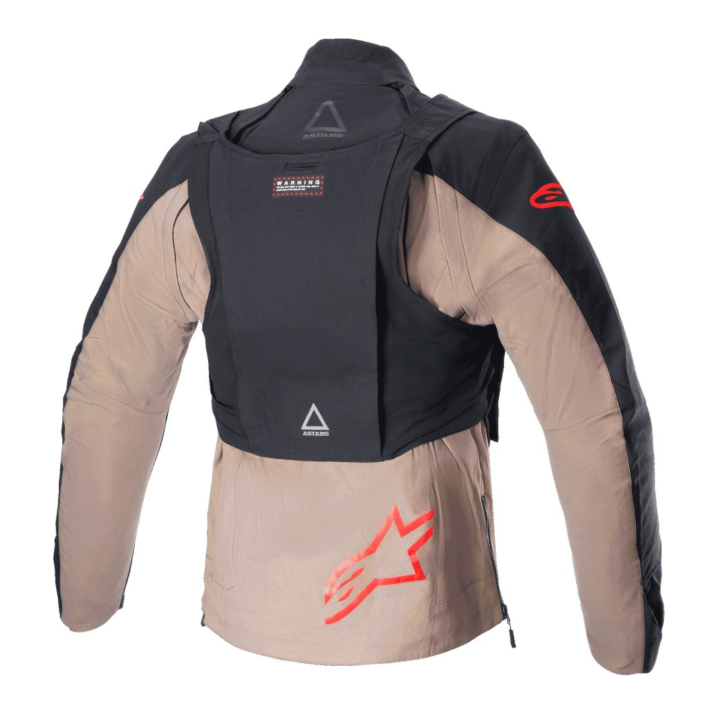 Alpinestars Techdura Jacket, Black Falcon Brown, back view featuring the detachable tactical pack, red Alpinestars star logos, rugged textile construction for enduro and off-road riding