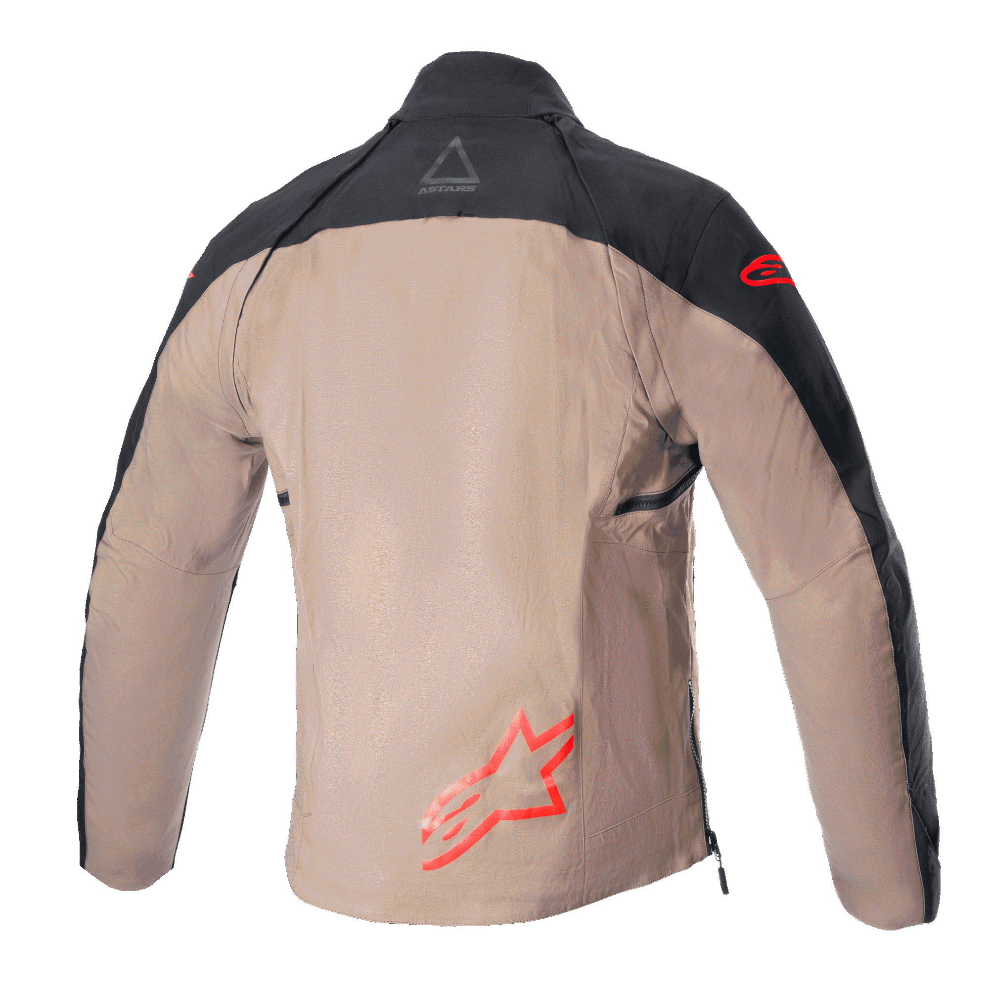 Alpinestars Techdura Jacket, Off-Road Enduro Jacket, Black Falcon Brown, back view without tactical vest, featuring red Astars logos and durable polyamide canvas construction.