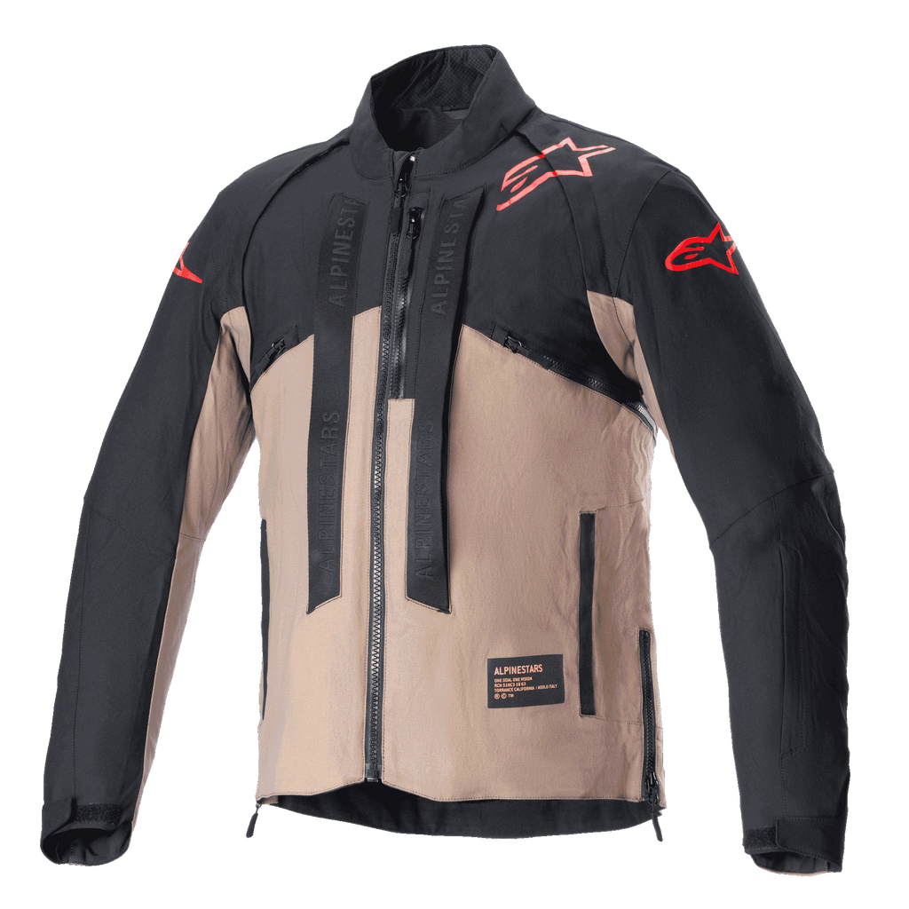 Alpinestars Techdura Jacket, Off-Road Motorcycle Jacket, Black Falcon Brown, two-tone design with red star logos on shoulders and sleeves, vertical Alpinestars-branded straps on the chest, durable textile material