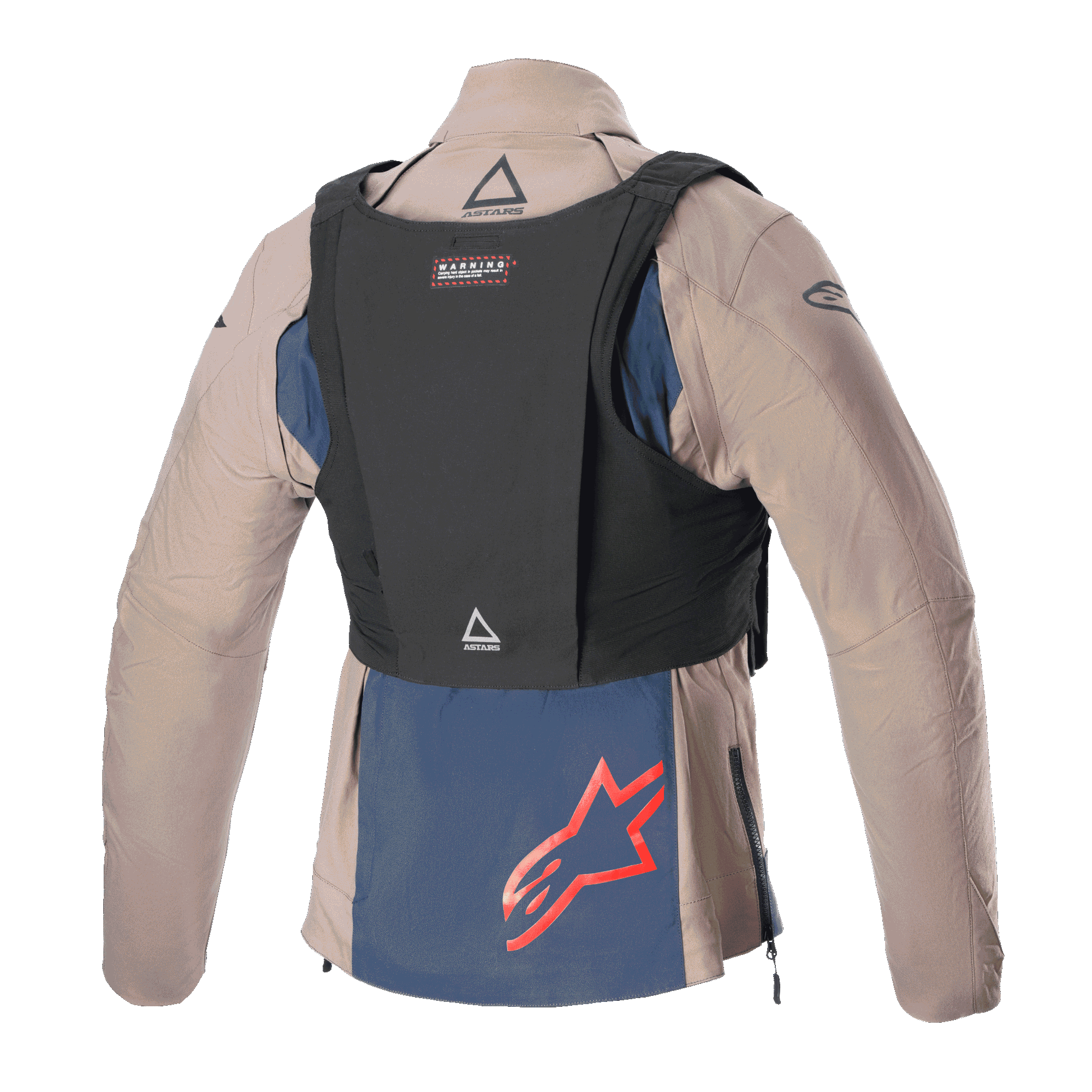 Alpinestars Techdura Jacket, Falcon Brown and Night Navy, back view with black tactical vest, featuring a red Alpinestars logo on the navy blue lower panel, rugged textile construction for enduro and off-road riding