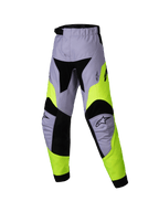 Alpinestars 2025 Kids Racer Veil Pants, Youth Motocross Pants, Gray and Yellow Fluo, technical multi-panel design with black accents, Alpinestars star logos on knees, durable textile for off-road racing