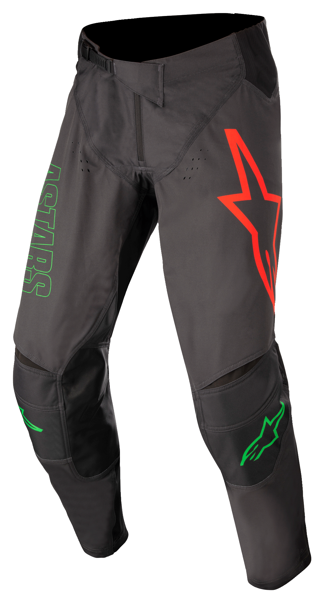 Alpinestars Techstar Phantom Pants, Motocross Pants, Anthracite and Green Neon, featuring a large red star logo on the left thigh, green ASTARS branding on the side, reinforced black knee panels, adjustable ratchet waist closure, durable performance gear for motocross racing