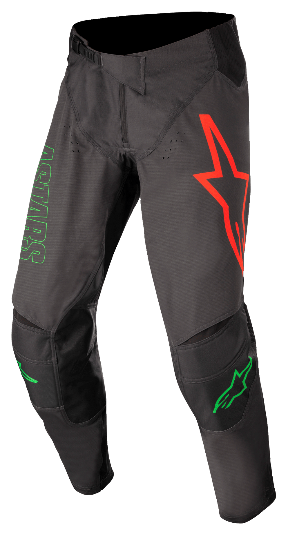 Alpinestars Techstar Phantom Pants, Motocross Pants, Anthracite and Green Neon, featuring a large red star logo on the left thigh, green ASTARS branding on the side, reinforced black knee panels, adjustable ratchet waist closure, durable performance gear for motocross racing