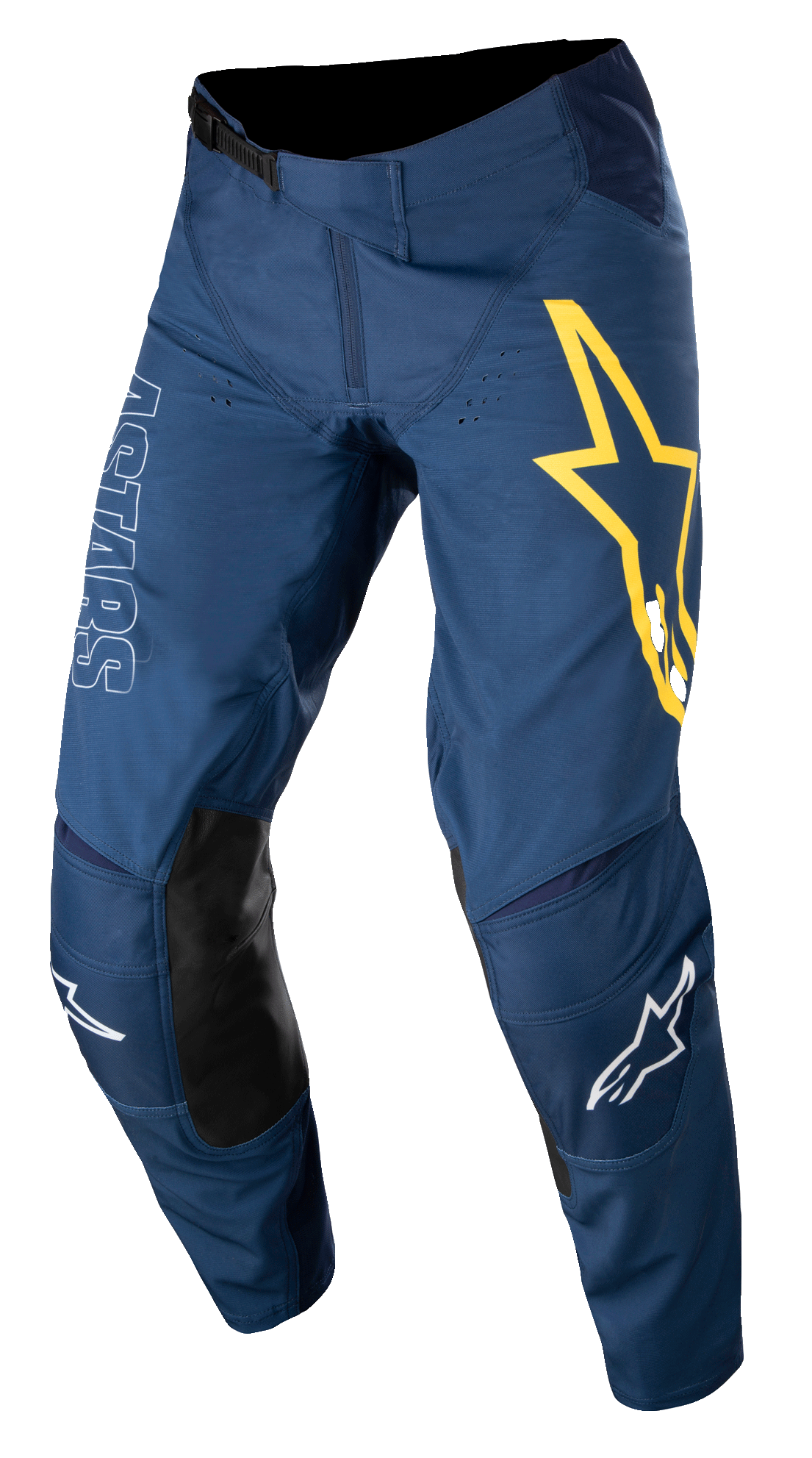 Alpinestars Techstar Phantom Pants, Motocross Racing Pants, Dark Blue with Yellow and White accents, featuring black leather knee panels, large yellow star logo on thigh, white ASTARS branding, durable stretch rip-stop fabric for off-road racing
