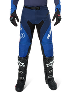 Alpinestars Pro-Dura Pants, Motocross Pants, Navy and Bright Blue with White accents, front view worn with black boots and gloves, technical design for enduro and off-road riding