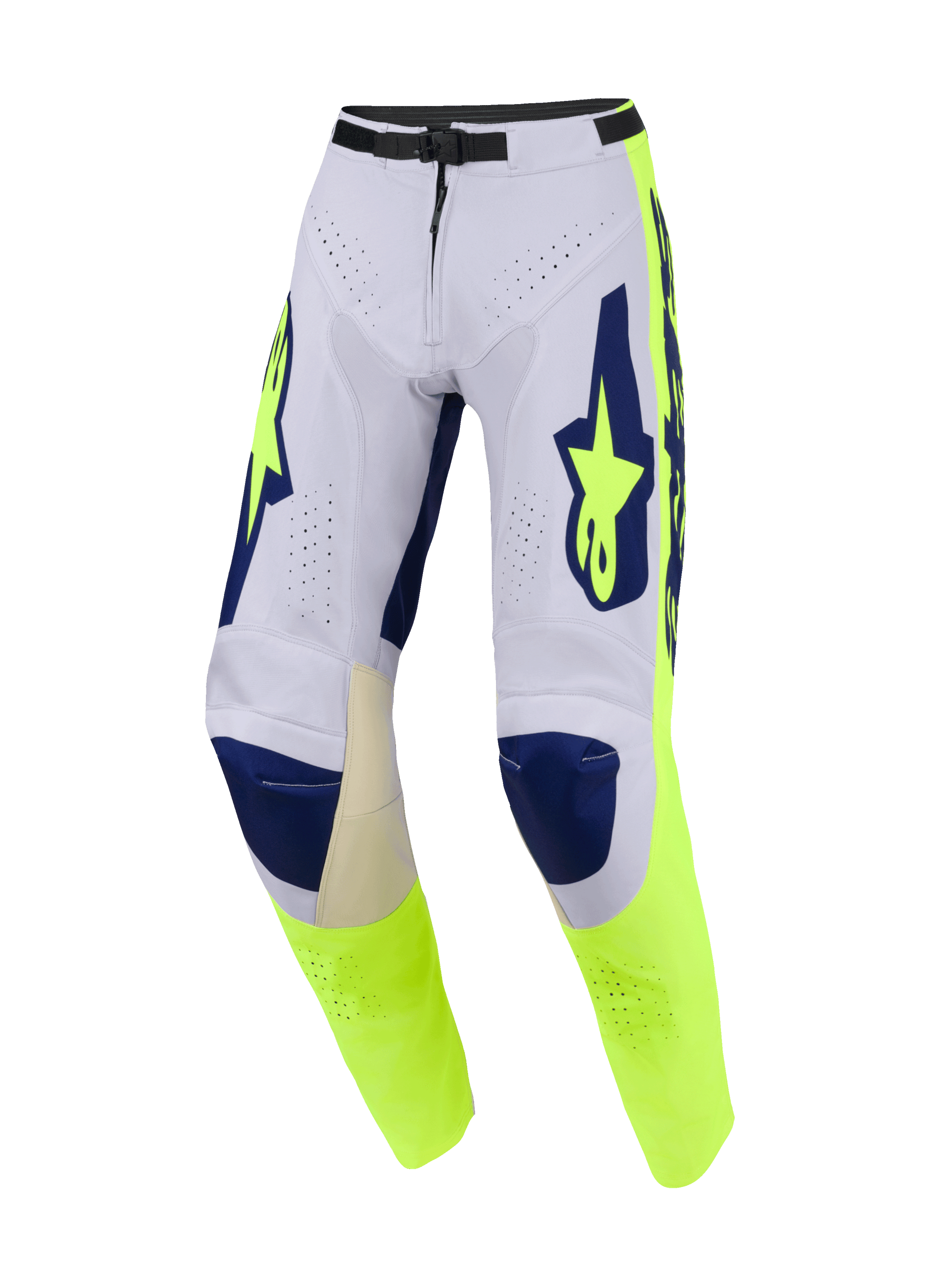Alpinestars 2026 Racer Air Riway Pants, Motocross Pants, Light Gray Yellow Fluo and Blue, featuring extensive perforations for airflow, dark blue knee sections, and fluorescent yellow side panels with bold branding, performance off-road design.