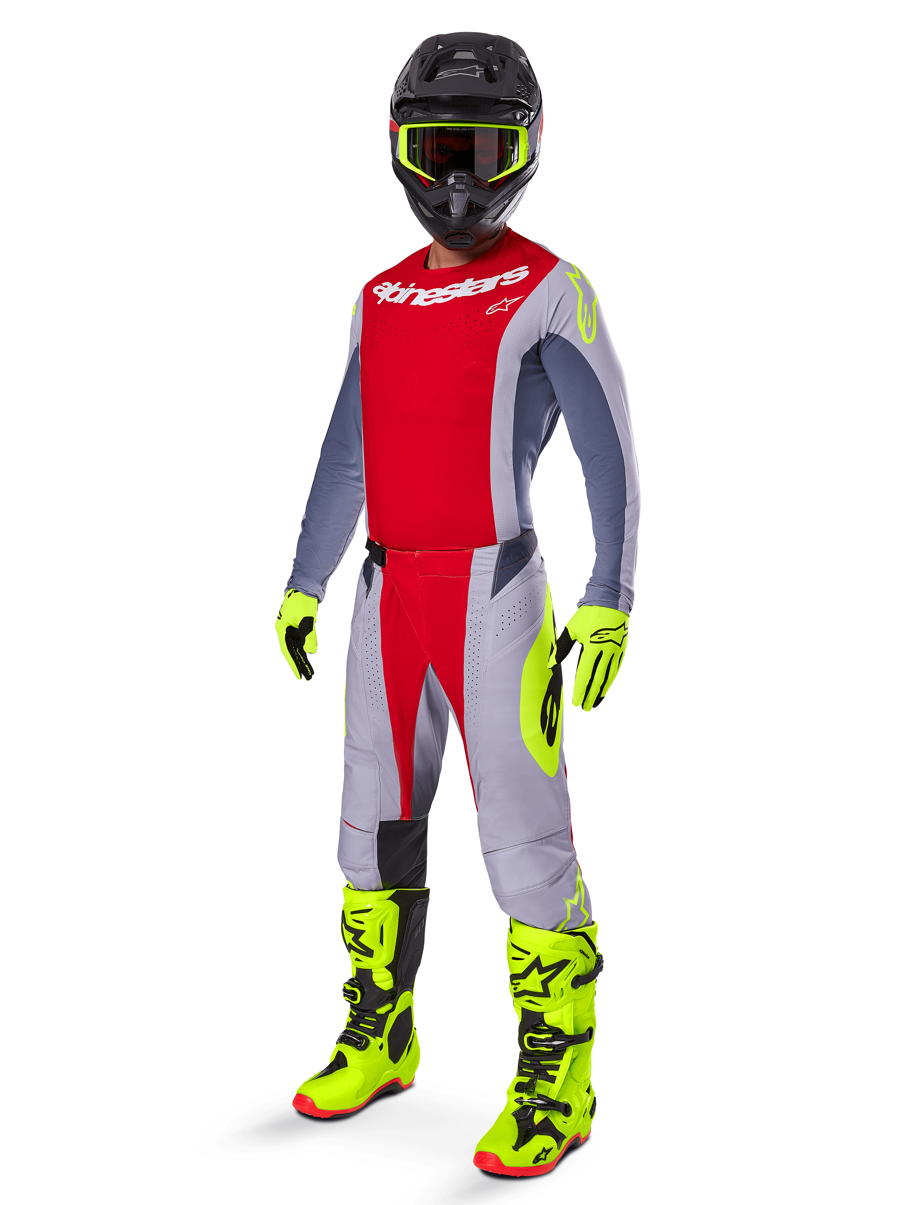 Motocross rider wearing complete racing gear, Red and Gray jersey with Alpinestars branding, 2025 Techstar Melt Pants in Bright Red and Gray with neon yellow accents, bright yellow boots and gloves, black helmet with neon yellow goggles, coordinated outfit for off-road performance.