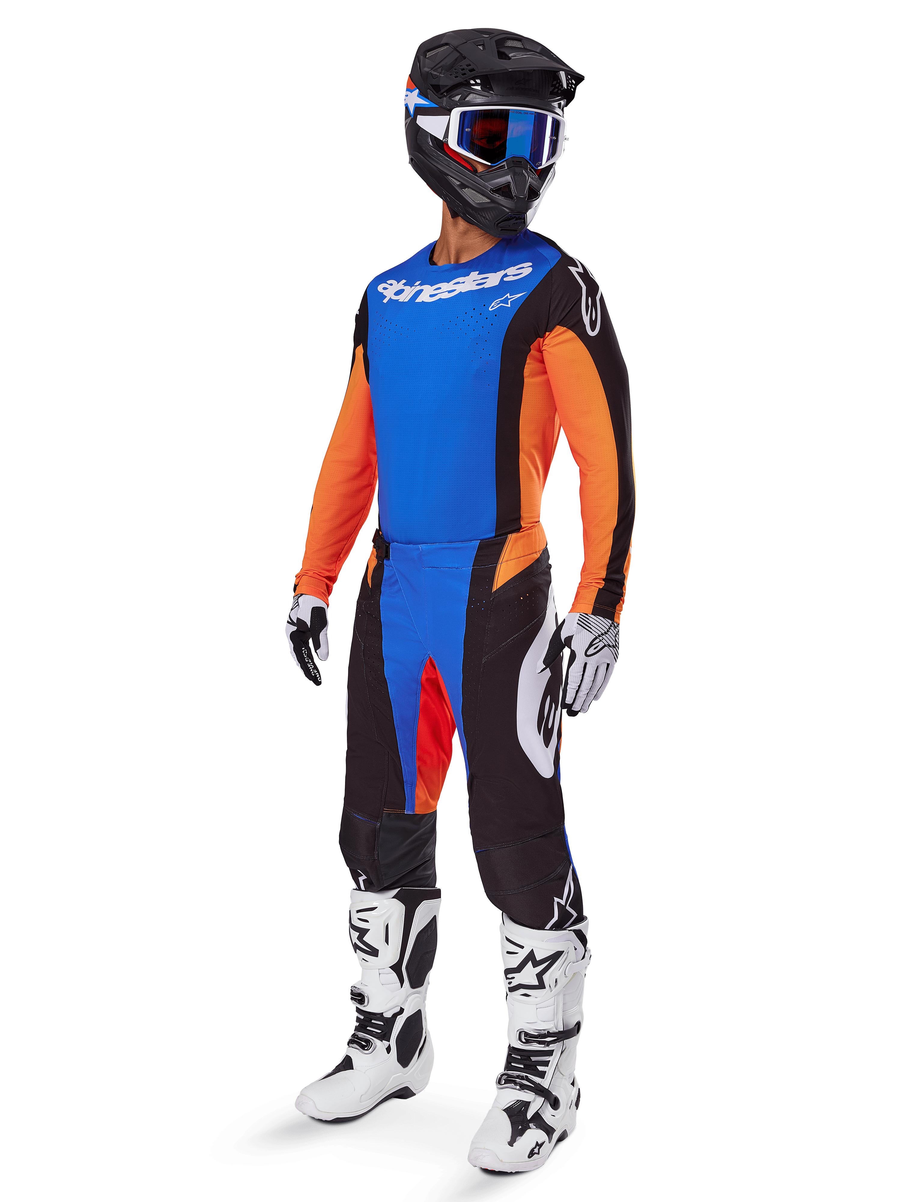 Alpinestars 2025 Techstar Melt Gear Set, Motocross rider wearing blue jersey with orange sleeves, black pants with blue and orange accents, matching black helmet with blue goggles, and white and black racing boots